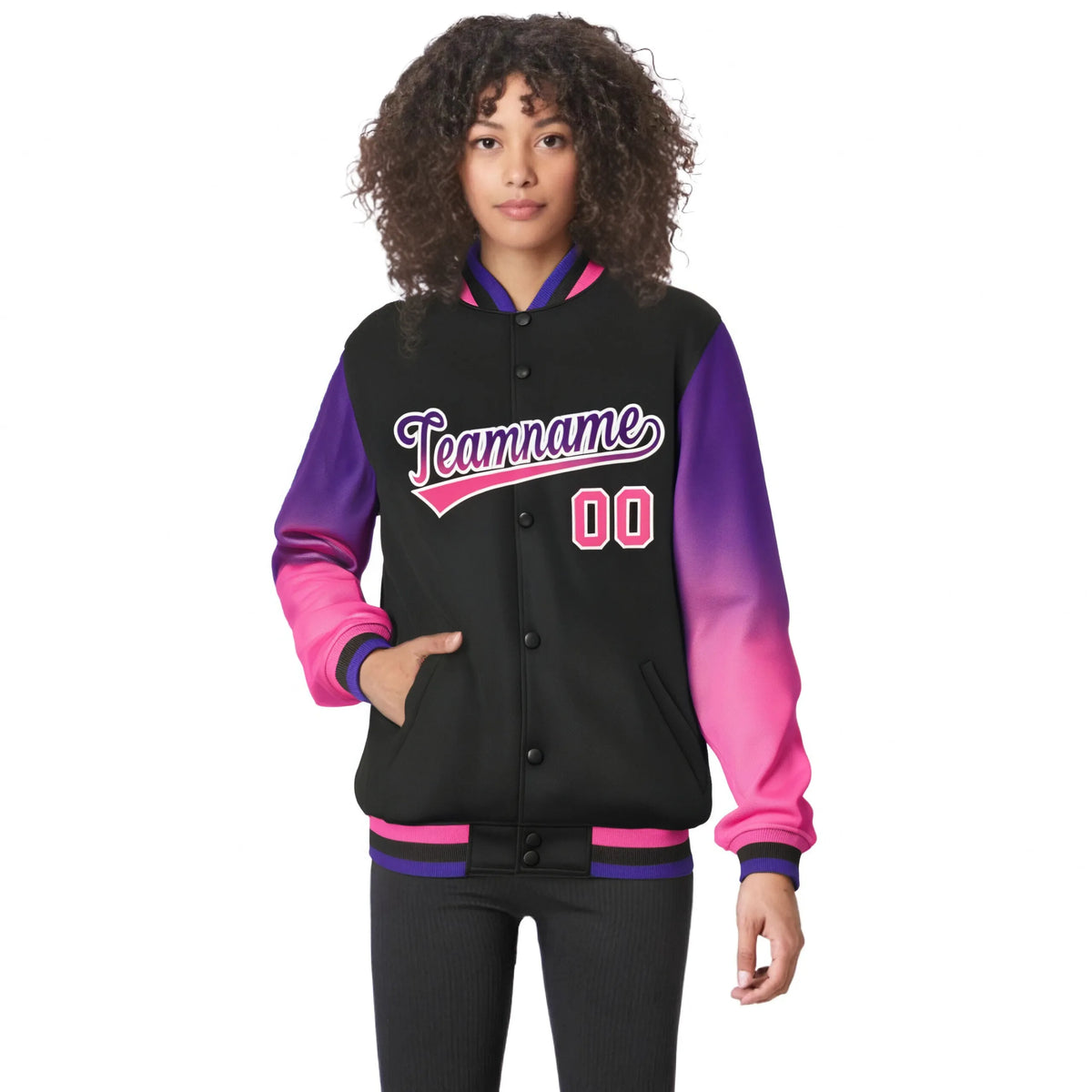 Custom Black Purple-Pink Varsity Full-Snap Sleeve Gradient Fashion Letterman Baseball Jacket