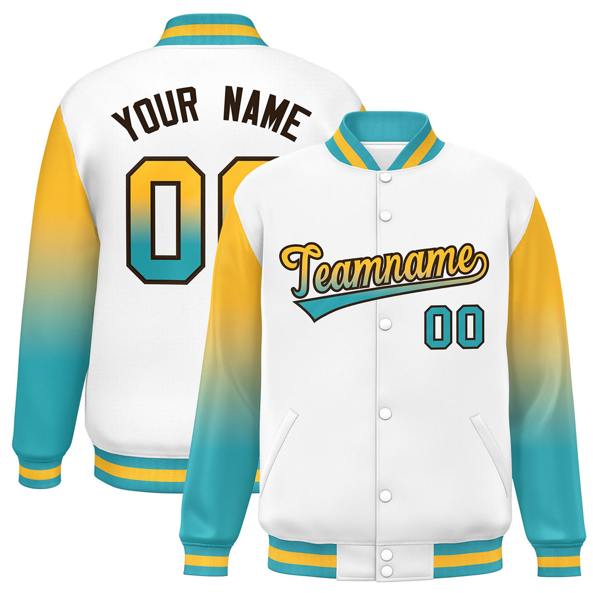 Custom White Yellow-Aqua Varsity Full-Snap Sleeve Gradient Fashion Letterman Baseball Jacket