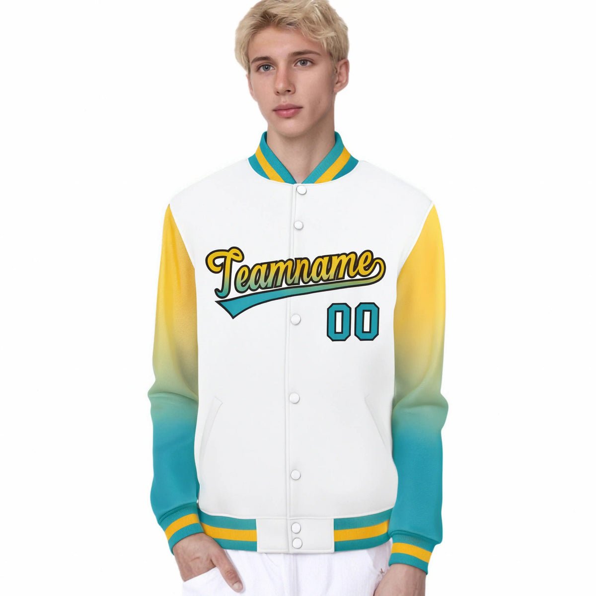 Custom White Yellow-Aqua Varsity Full-Snap Sleeve Gradient Fashion Letterman Baseball Jacket