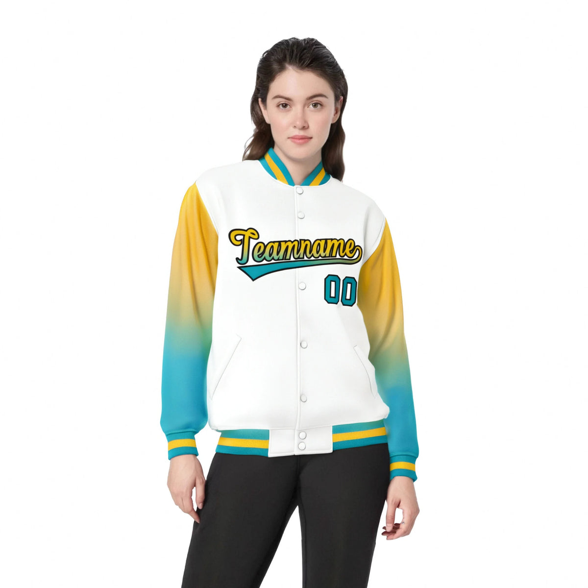 Custom White Yellow-Aqua Varsity Full-Snap Sleeve Gradient Fashion Letterman Baseball Jacket