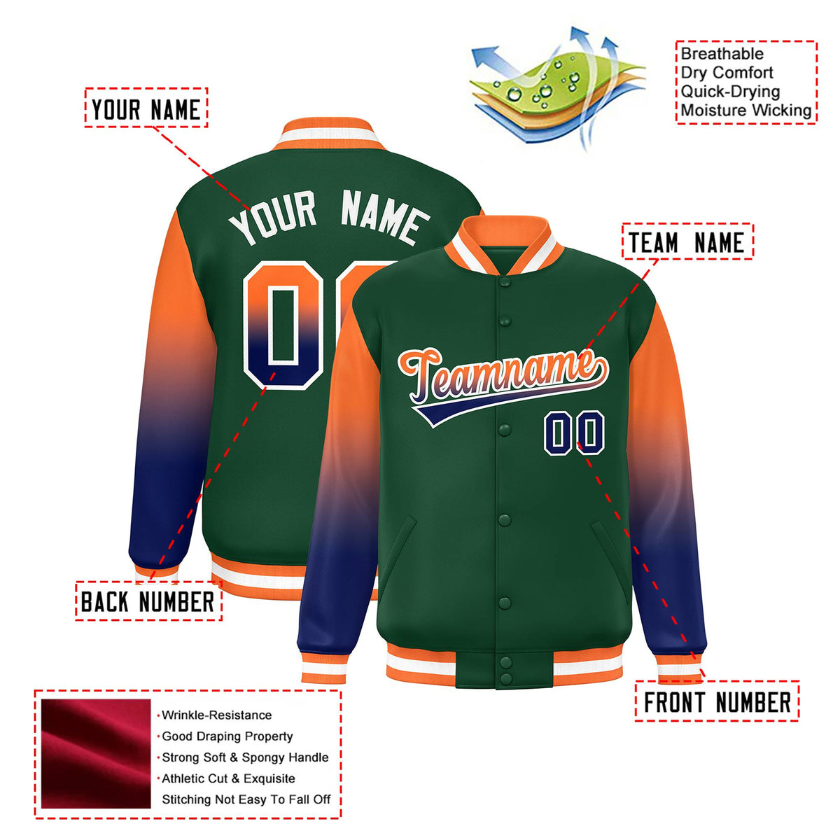 Custom Green Orange-Royal Blue Varsity Full-Snap Sleeve Gradient Fashion Letterman Baseball Jacket