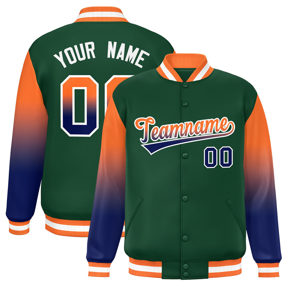 Custom Green Orange-Royal Blue Varsity Full-Snap Sleeve Gradient Fashion Letterman Baseball Jacket