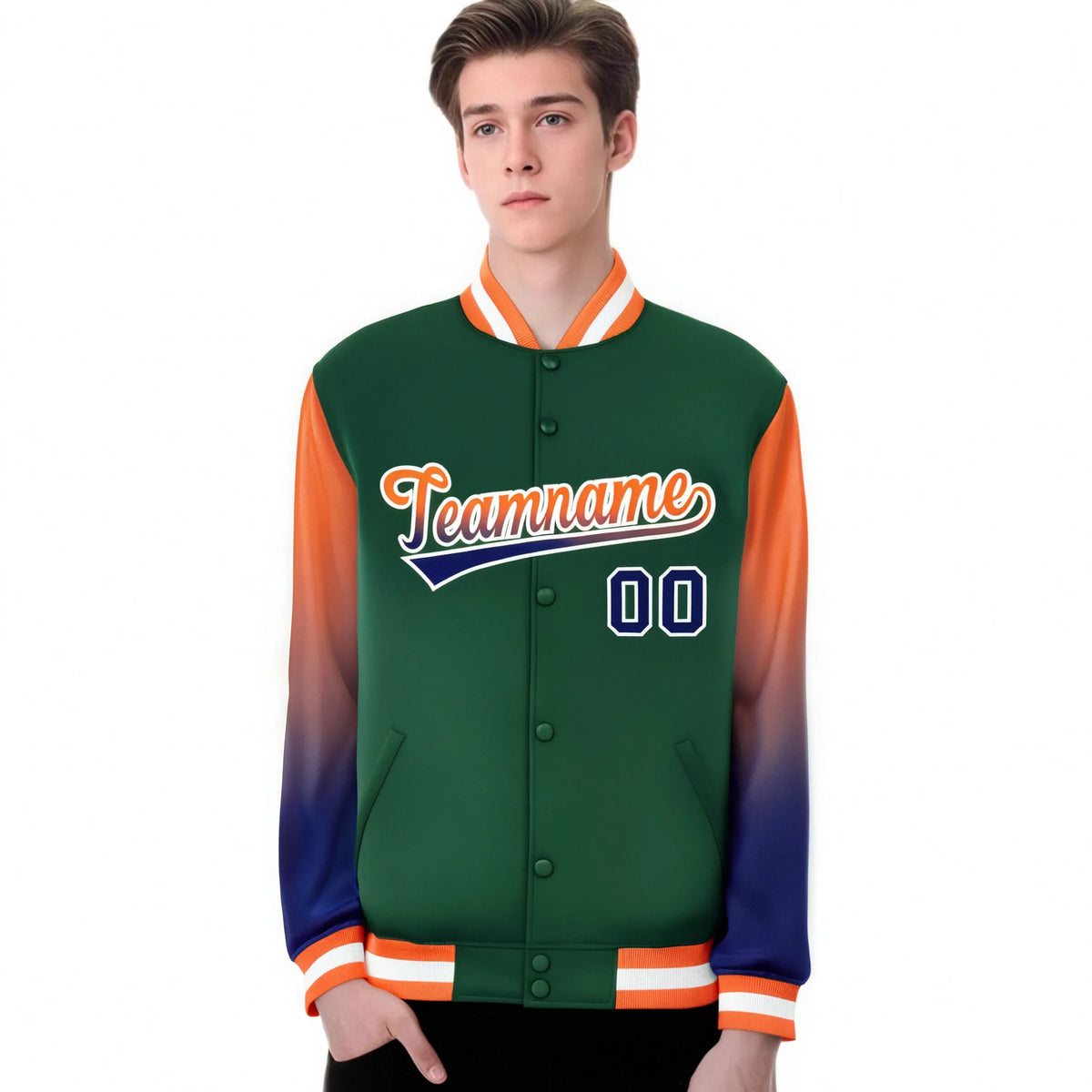 Custom Green Orange-Royal Blue Varsity Full-Snap Sleeve Gradient Fashion Letterman Baseball Jacket