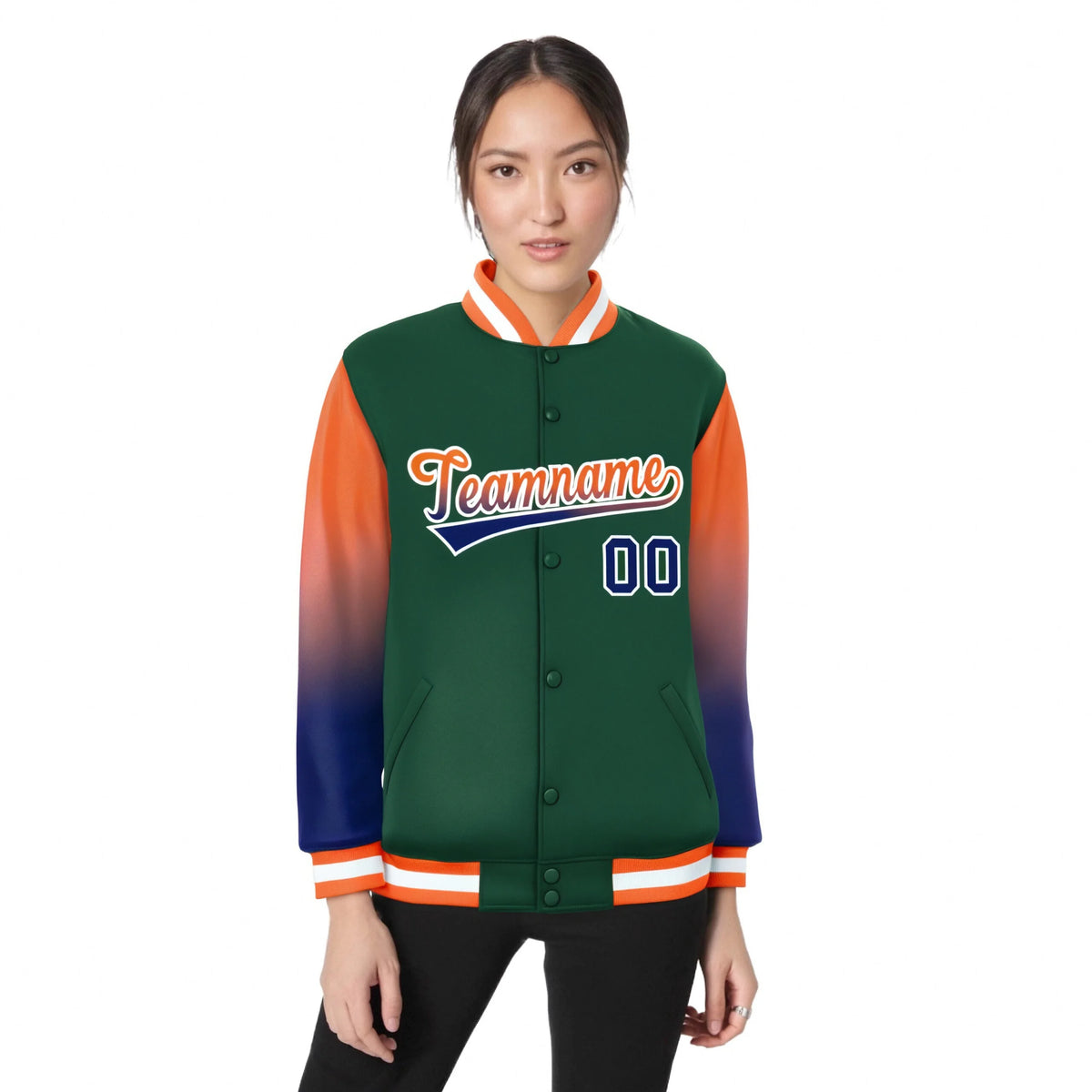 Custom Green Orange-Royal Blue Varsity Full-Snap Sleeve Gradient Fashion Letterman Baseball Jacket