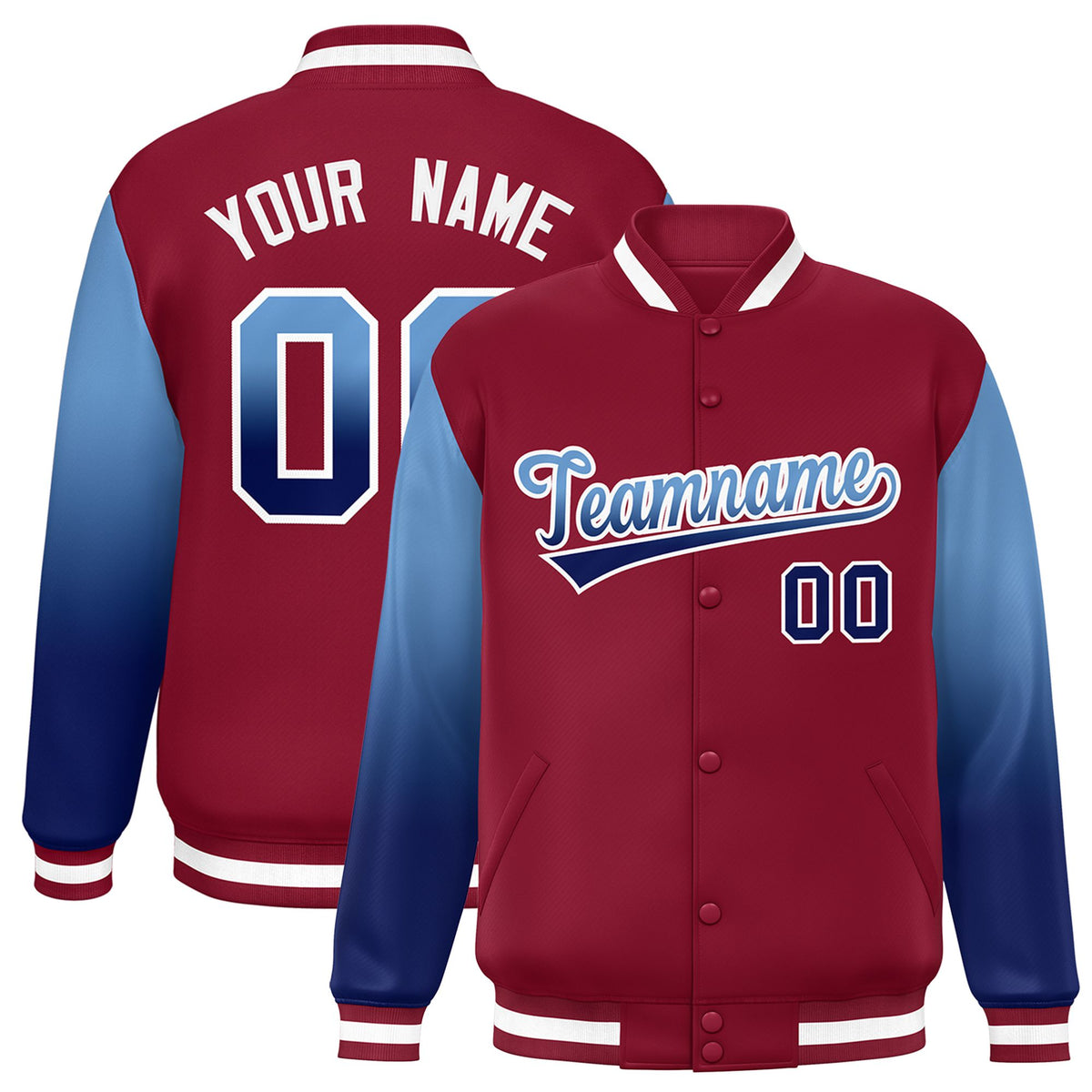Custom Crimson Light Blue-Royal Blue Varsity Full-Snap Sleeve Gradient Fashion Letterman Baseball Jacket