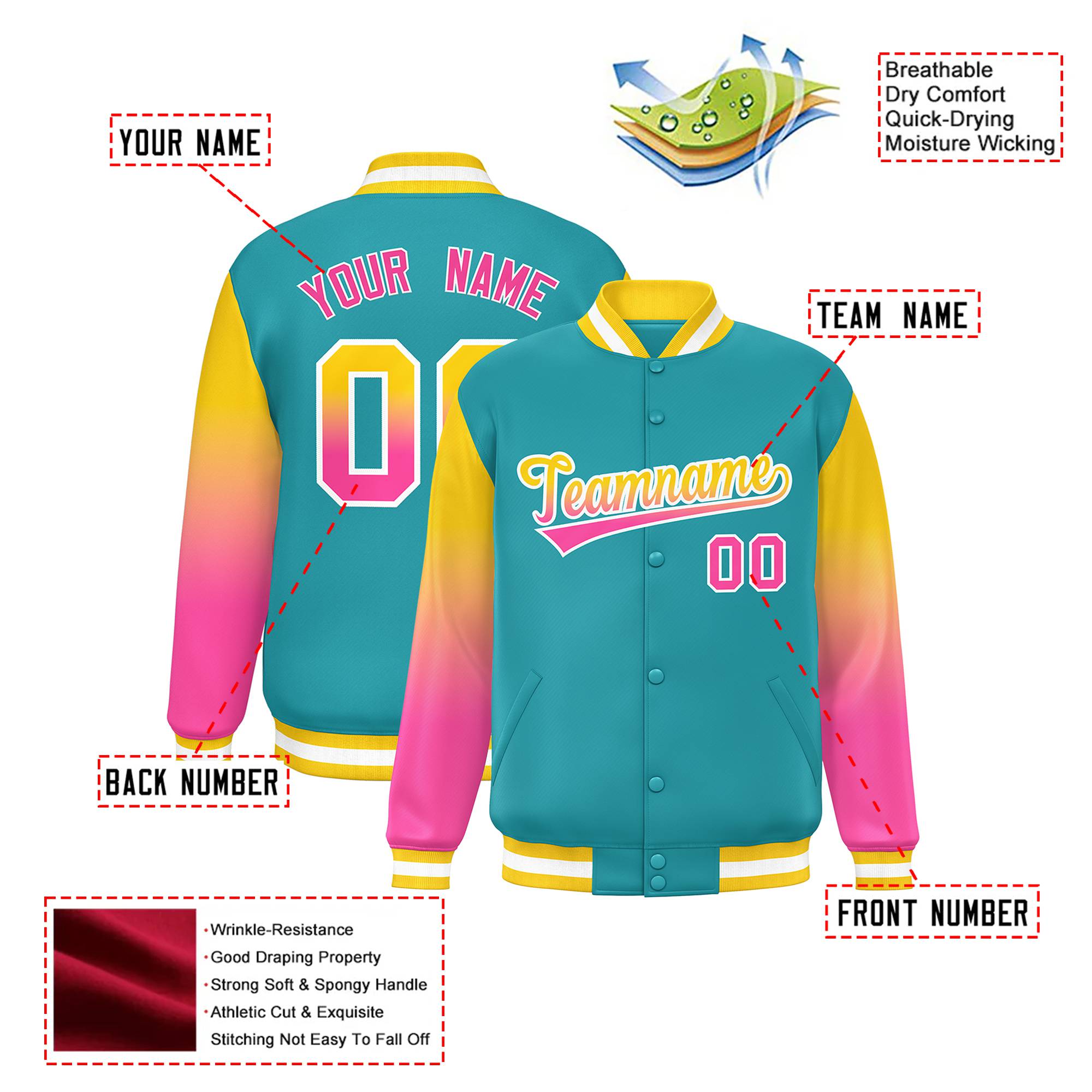 Custom Aqua Yellow-Pink Varsity Full-Snap Sleeve Gradient Fashion Letterman Baseball Jacket