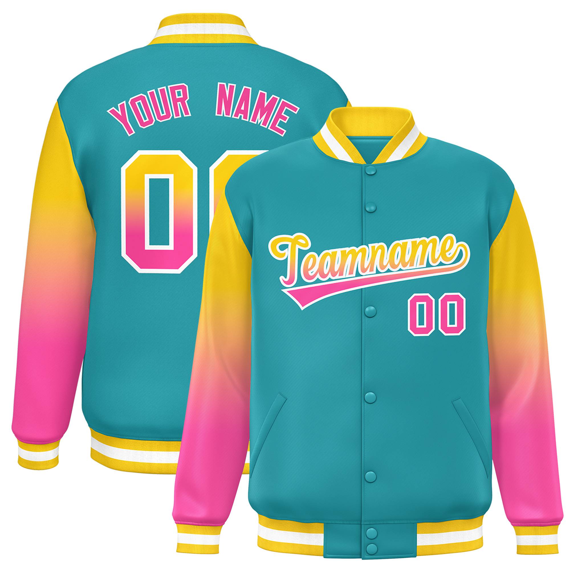 Custom Aqua Yellow-Pink Varsity Full-Snap Sleeve Gradient Fashion Letterman Baseball Jacket