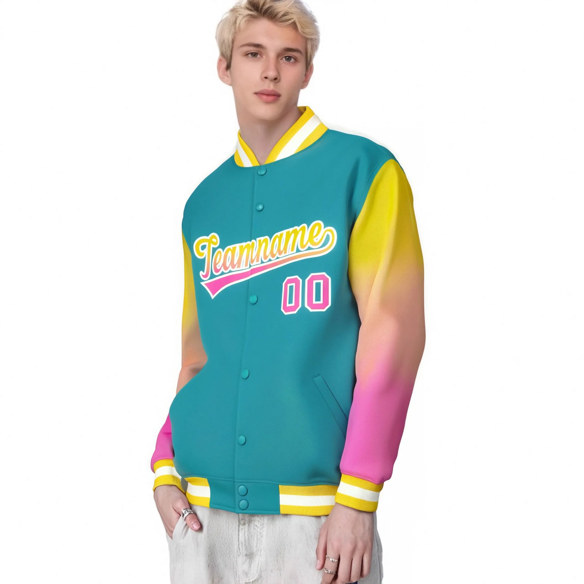 Custom Aqua Yellow-Pink Varsity Full-Snap Sleeve Gradient Fashion Letterman Baseball Jacket