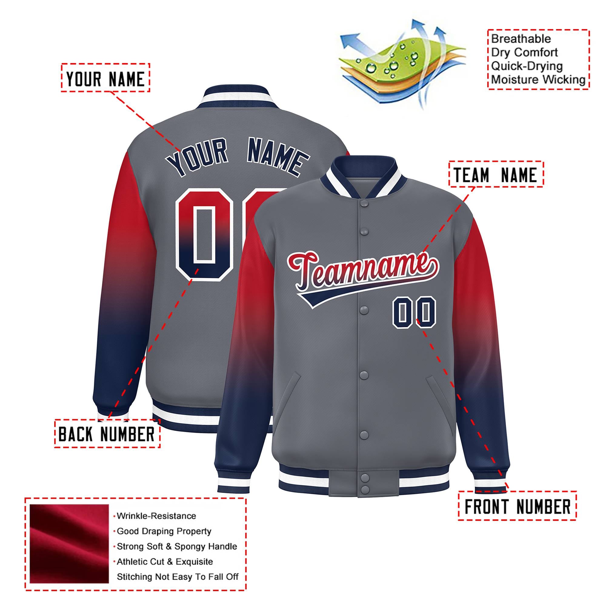 Custom Dark Gray Red-Navy Varsity Full-Snap Sleeve Gradient Fashion Letterman Baseball Jacket