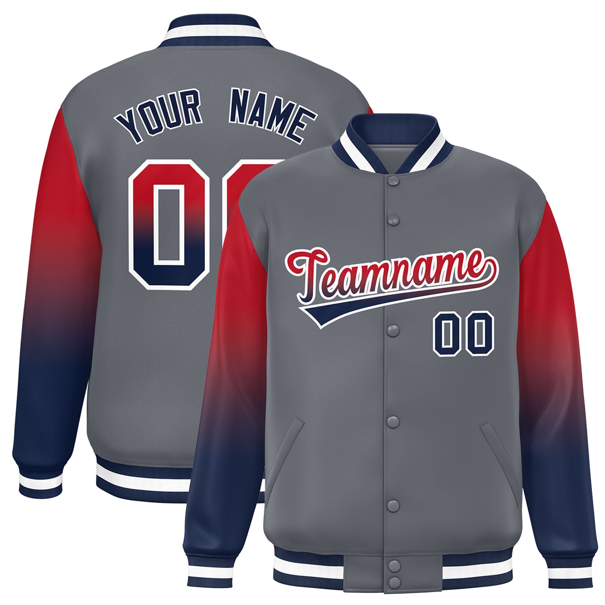 Custom Dark Gray Red-Navy Varsity Full-Snap Sleeve Gradient Fashion Letterman Baseball Jacket