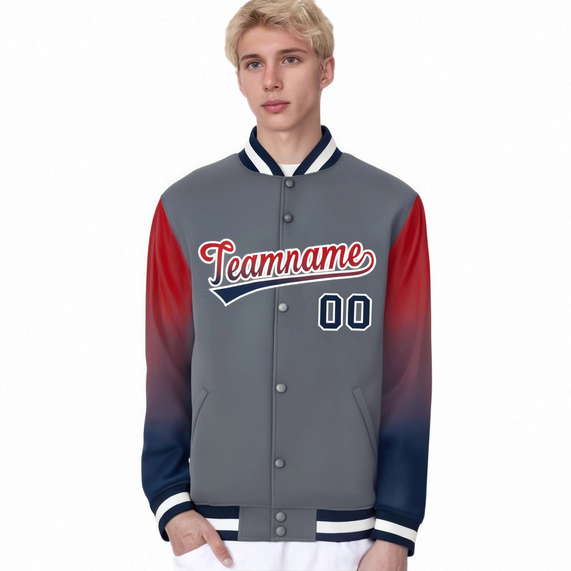 Custom Dark Gray Red-Navy Varsity Full-Snap Sleeve Gradient Fashion Letterman Baseball Jacket