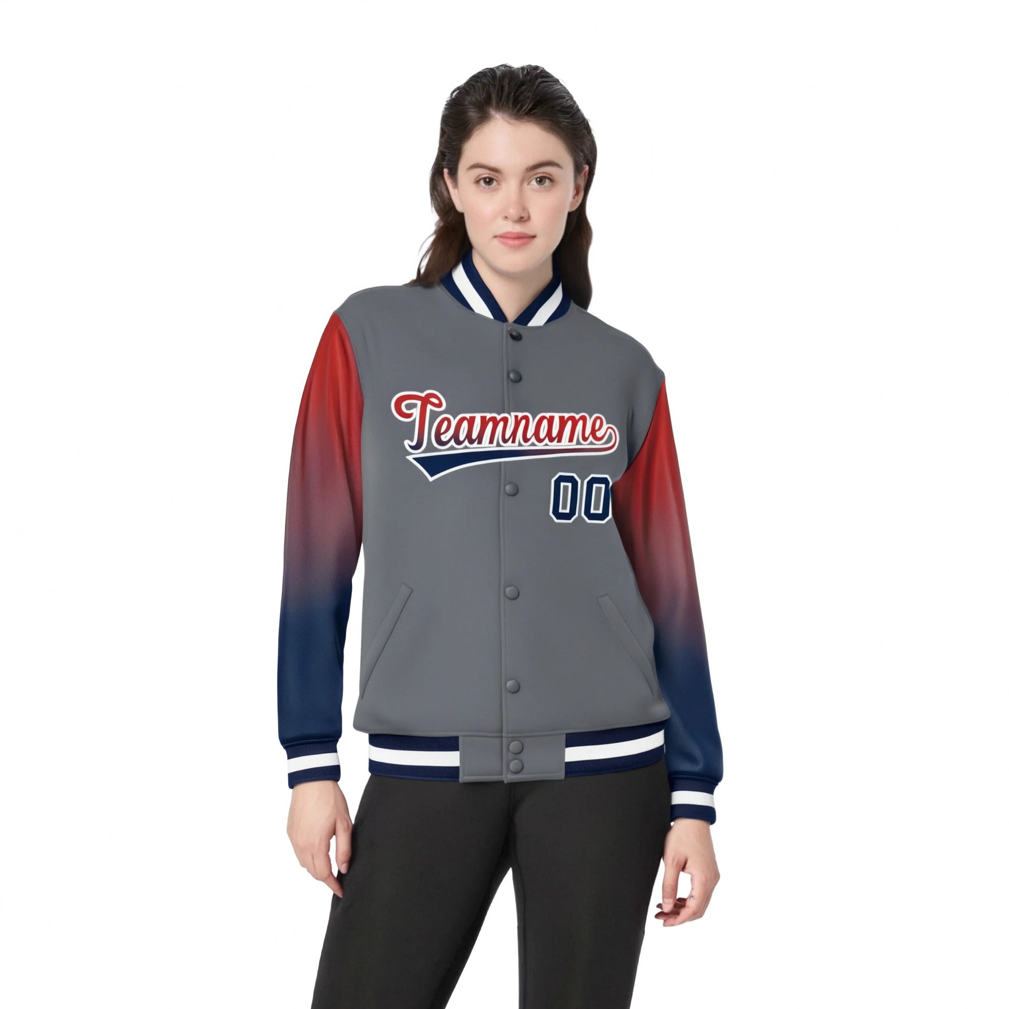 Custom Dark Gray Red-Navy Varsity Full-Snap Sleeve Gradient Fashion Letterman Baseball Jacket