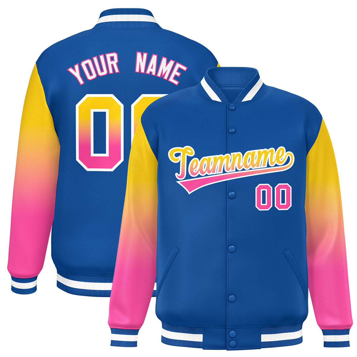 Custom Royal Blue Yellow-Pink Varsity Full-Snap Sleeve Gradient Fashion Letterman Baseball Jacket