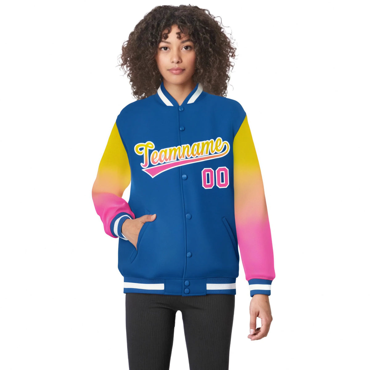 Custom Royal Blue Yellow-Pink Varsity Full-Snap Sleeve Gradient Fashion Letterman Baseball Jacket