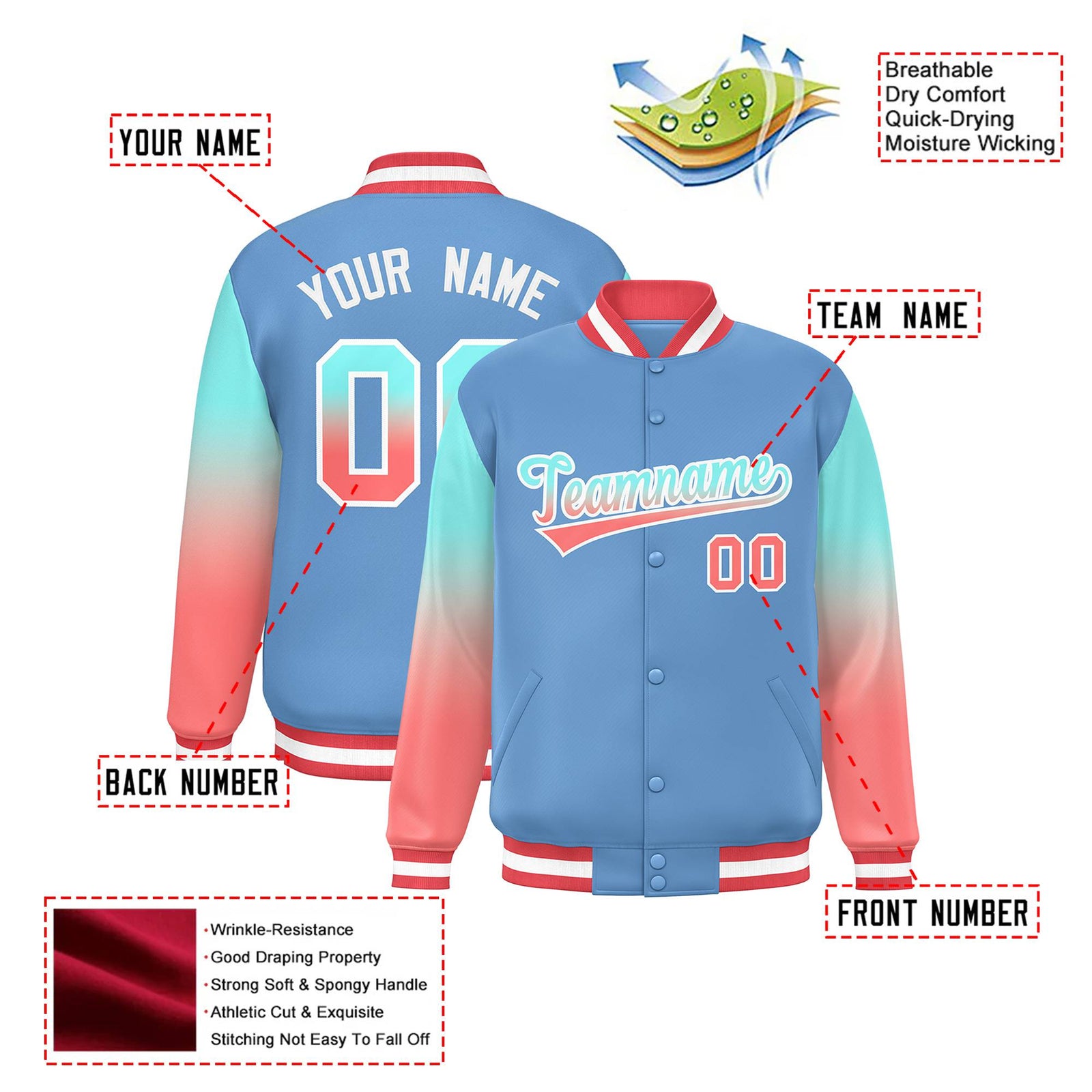 Custom Light Blue Bright Green-Light Red Varsity Full-Snap Sleeve Gradient Fashion Letterman Baseball Jacket