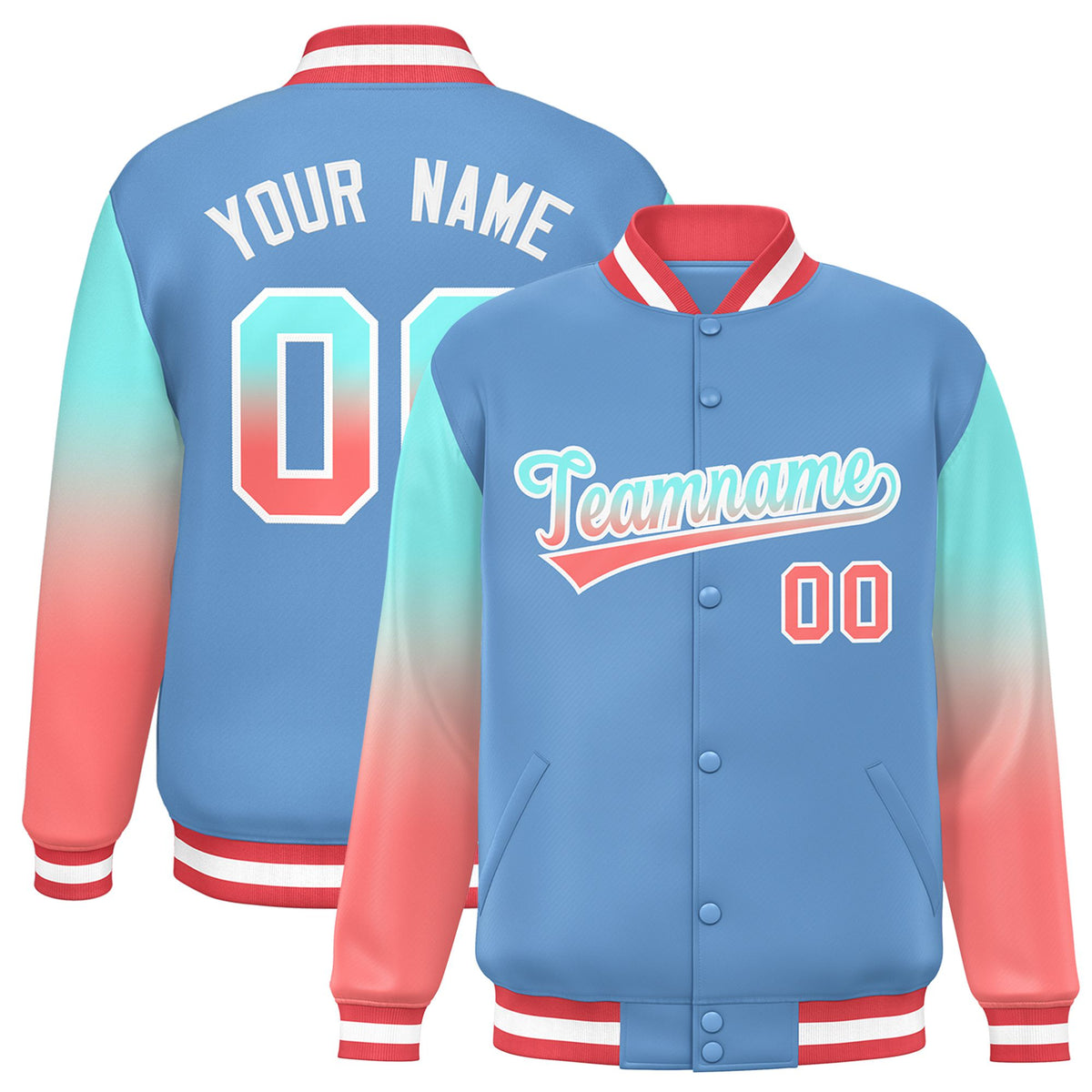 Custom Light Blue Bright Green-Light Red Varsity Full-Snap Sleeve Gradient Fashion Letterman Baseball Jacket