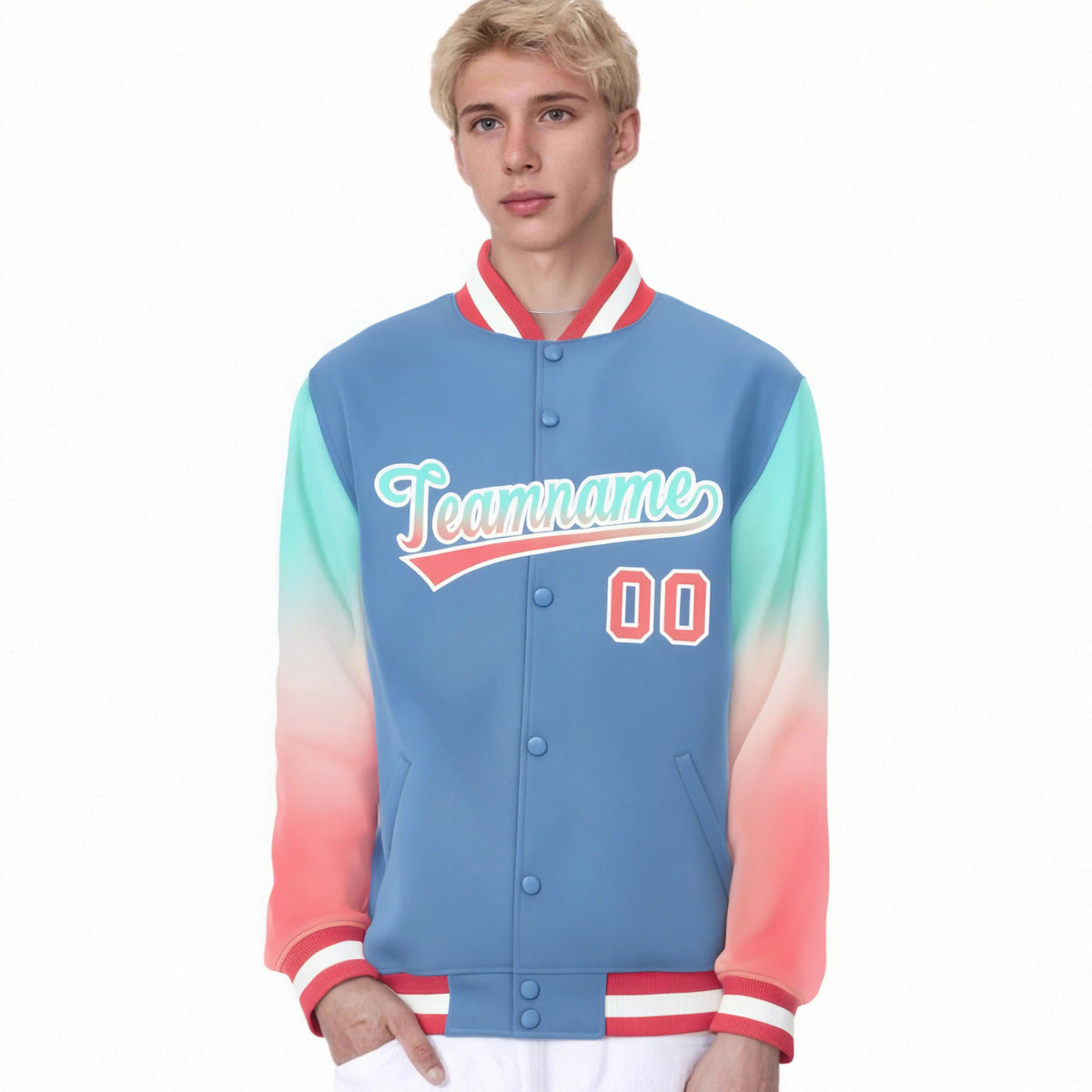 Custom Light Blue Bright Green-Light Red Varsity Full-Snap Sleeve Gradient Fashion Letterman Baseball Jacket