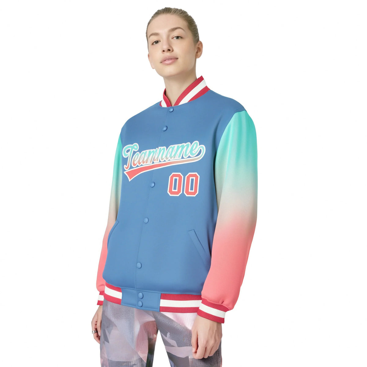 Custom Light Blue Bright Green-Light Red Varsity Full-Snap Sleeve Gradient Fashion Letterman Baseball Jacket