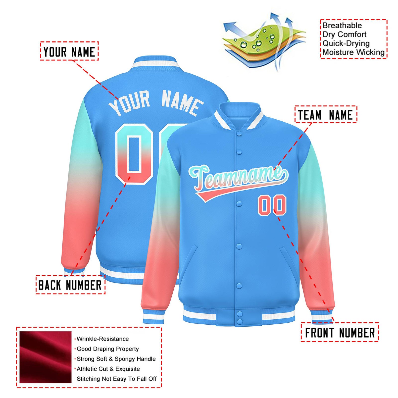 Custom Powder Blue Bright Green-Light Red Varsity Full-Snap Sleeve Gradient Fashion Letterman Baseball Jacket