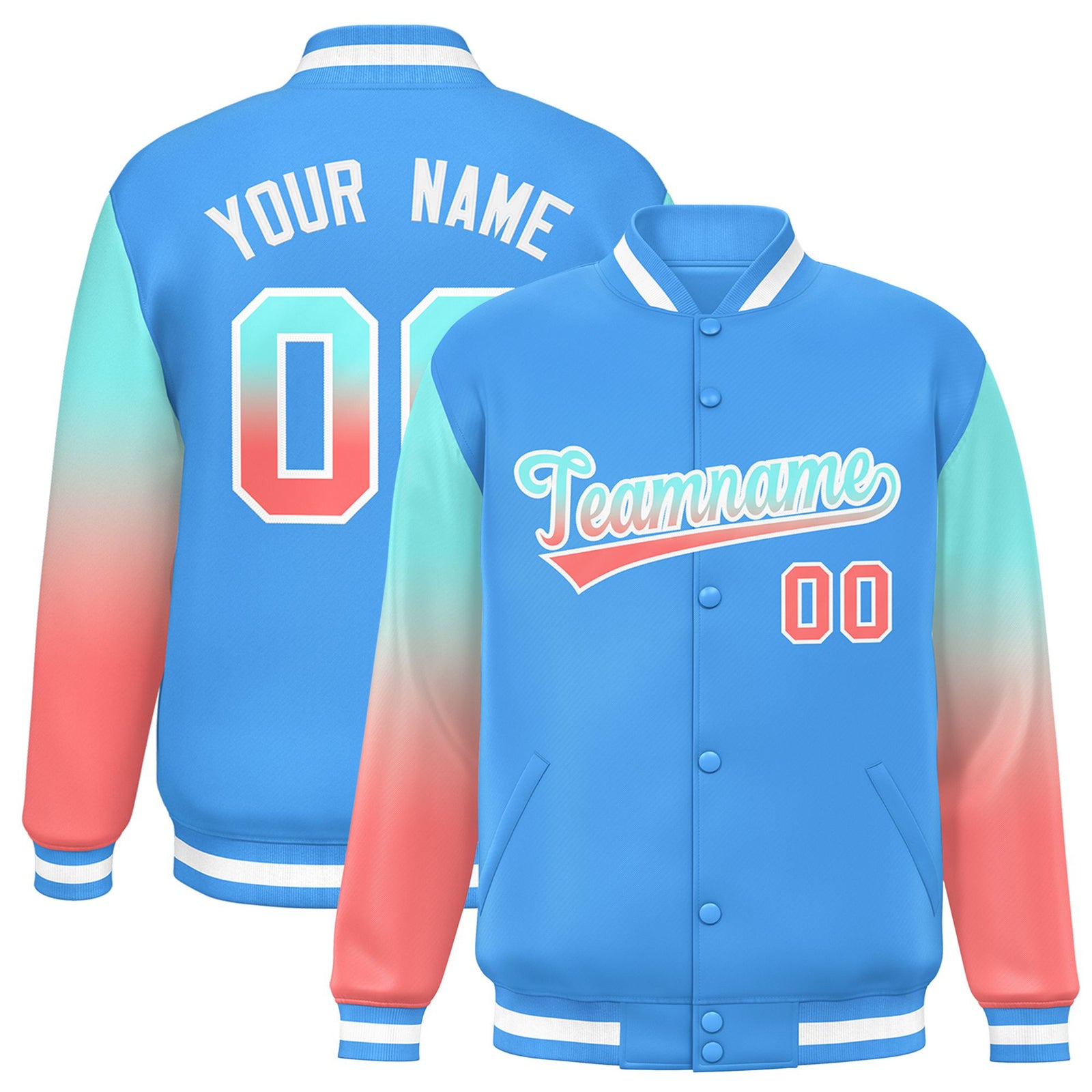 Custom Powder Blue Bright Green-Light Red Varsity Full-Snap Sleeve Gradient Fashion Letterman Baseball Jacket