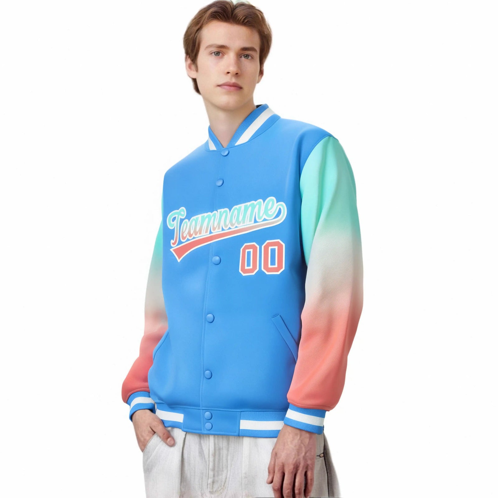 Custom Powder Blue Bright Green-Light Red Varsity Full-Snap Sleeve Gradient Fashion Letterman Baseball Jacket