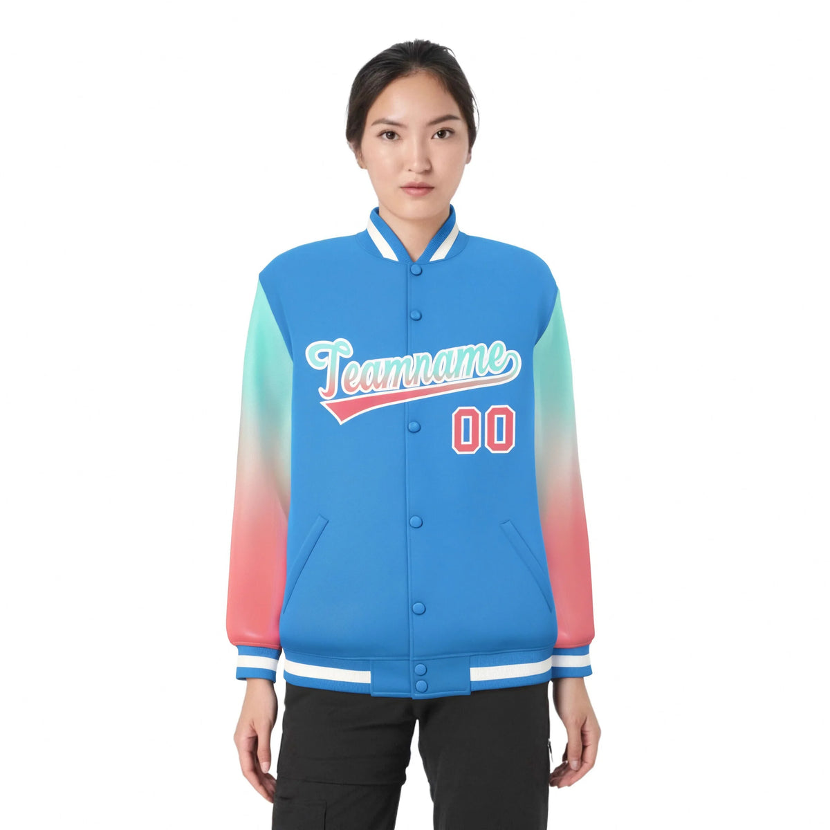 Custom Powder Blue Bright Green-Light Red Varsity Full-Snap Sleeve Gradient Fashion Letterman Baseball Jacket