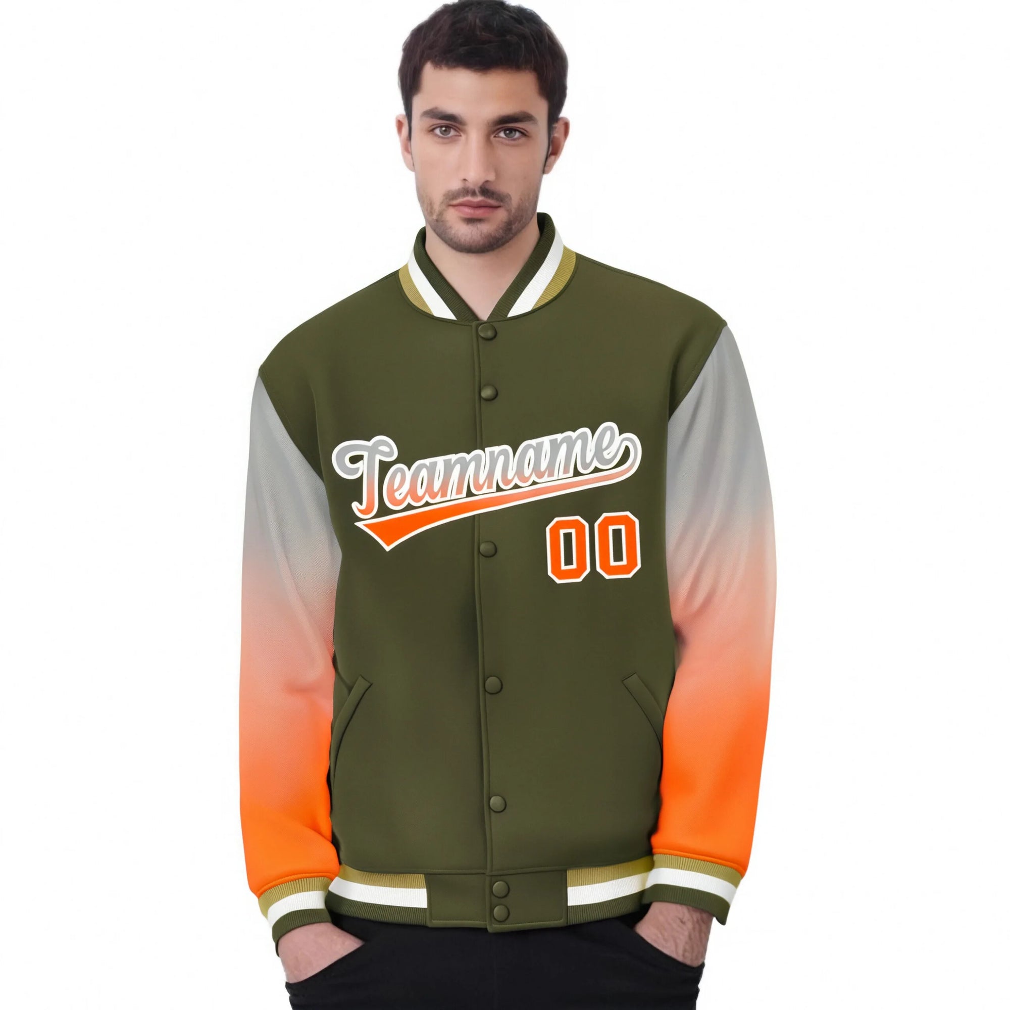 Custom Olive Gray-Orange Varsity Full-Snap Sleeve Gradient Fashion Letterman Baseball Jacket