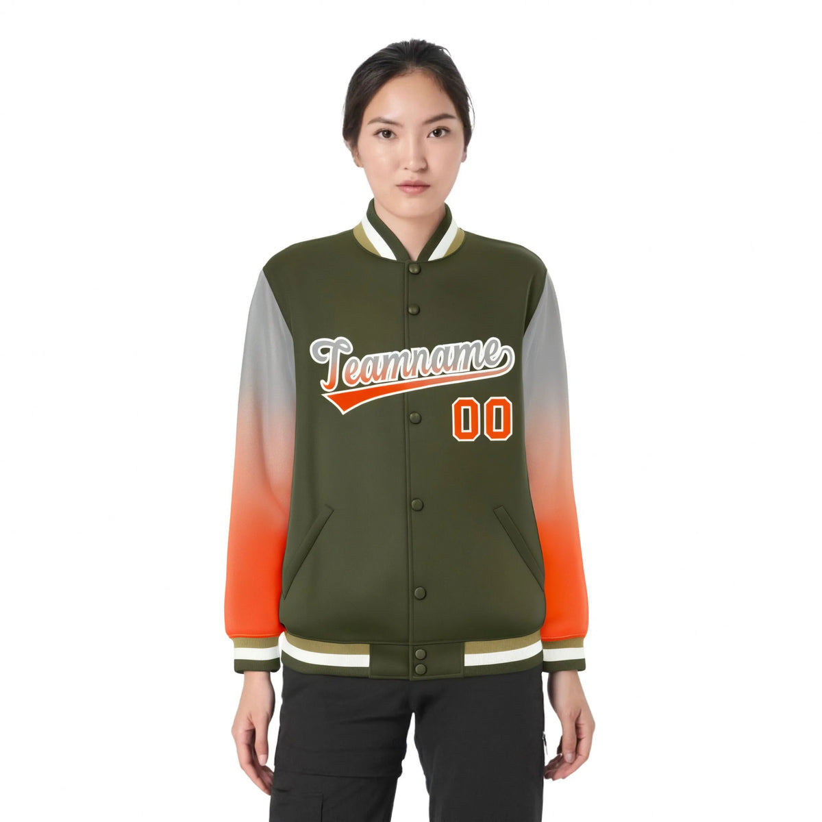 Custom Olive Gray-Orange Varsity Full-Snap Sleeve Gradient Fashion Letterman Baseball Jacket