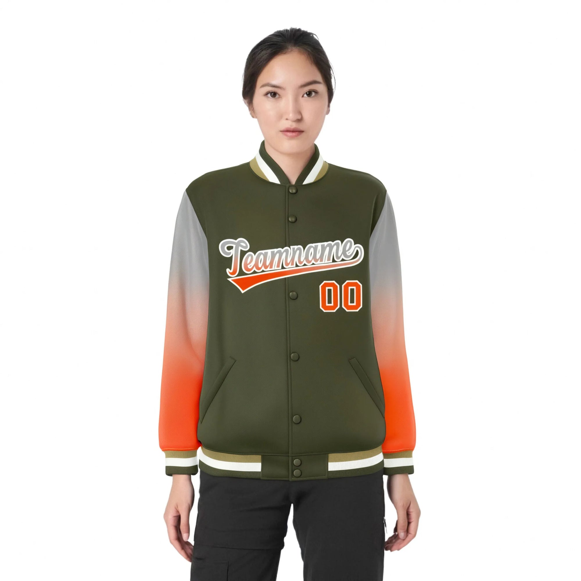 Custom Olive Gray-Orange Varsity Full-Snap Sleeve Gradient Fashion Letterman Baseball Jacket