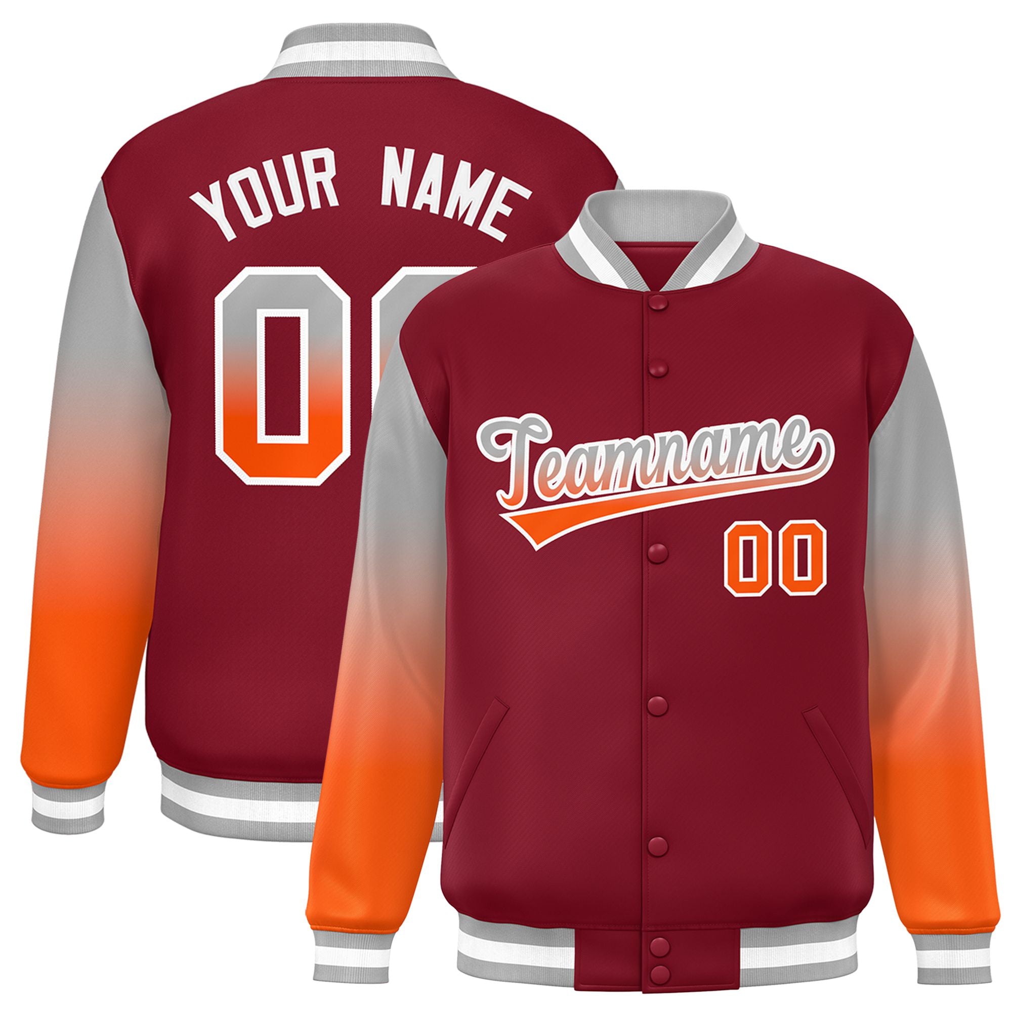 Custom Crimson Gray-Orange Varsity Full-Snap Sleeve Gradient Fashion Letterman Baseball Jacket