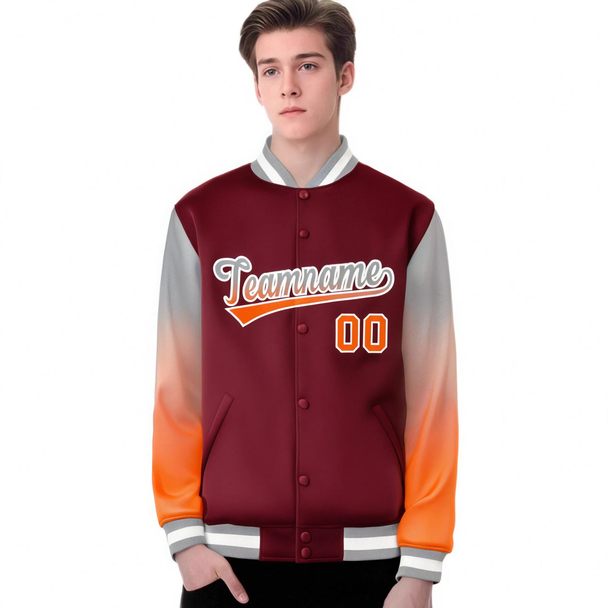 Custom Crimson Gray-Orange Varsity Full-Snap Sleeve Gradient Fashion Letterman Baseball Jacket