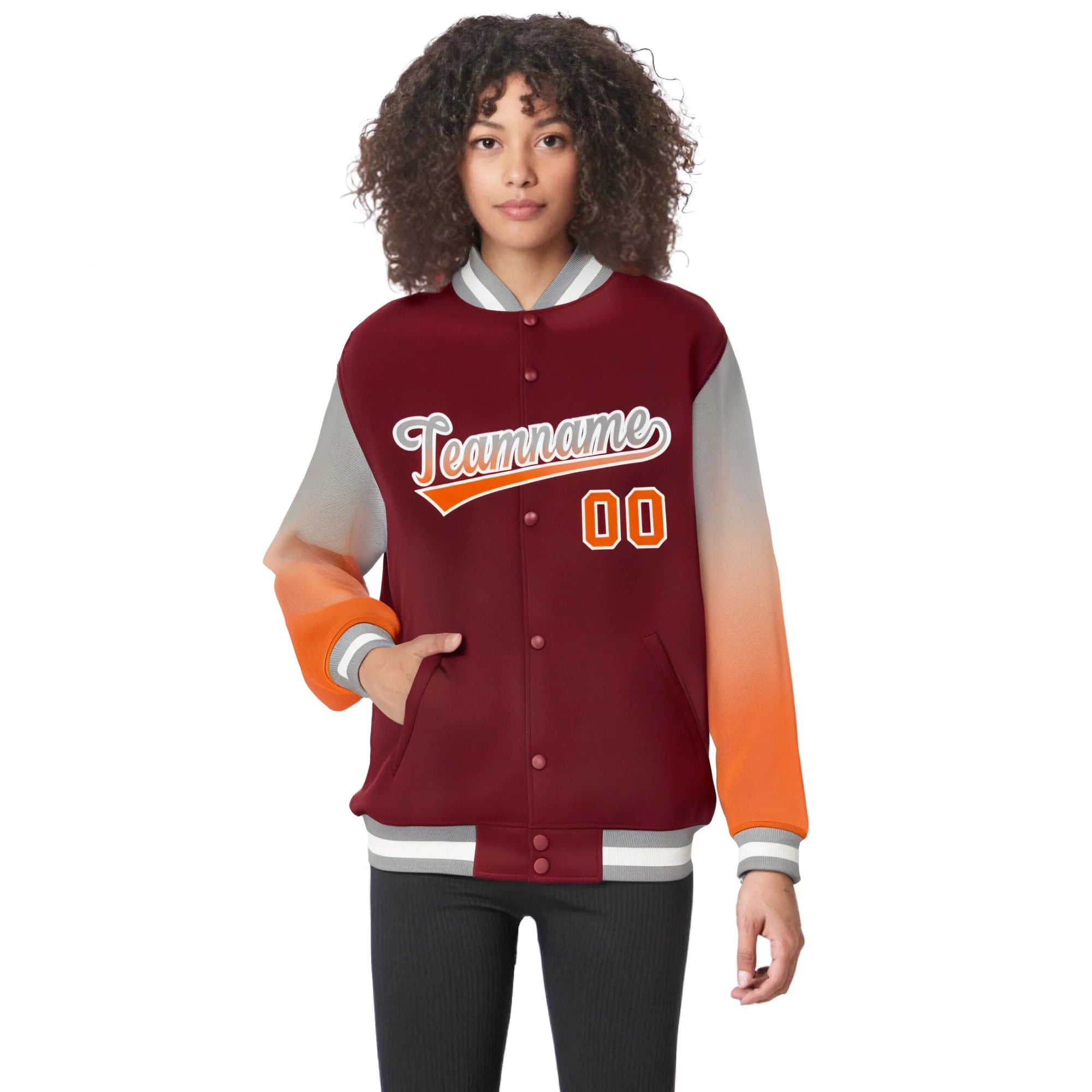 Custom Crimson Gray-Orange Varsity Full-Snap Sleeve Gradient Fashion Letterman Baseball Jacket