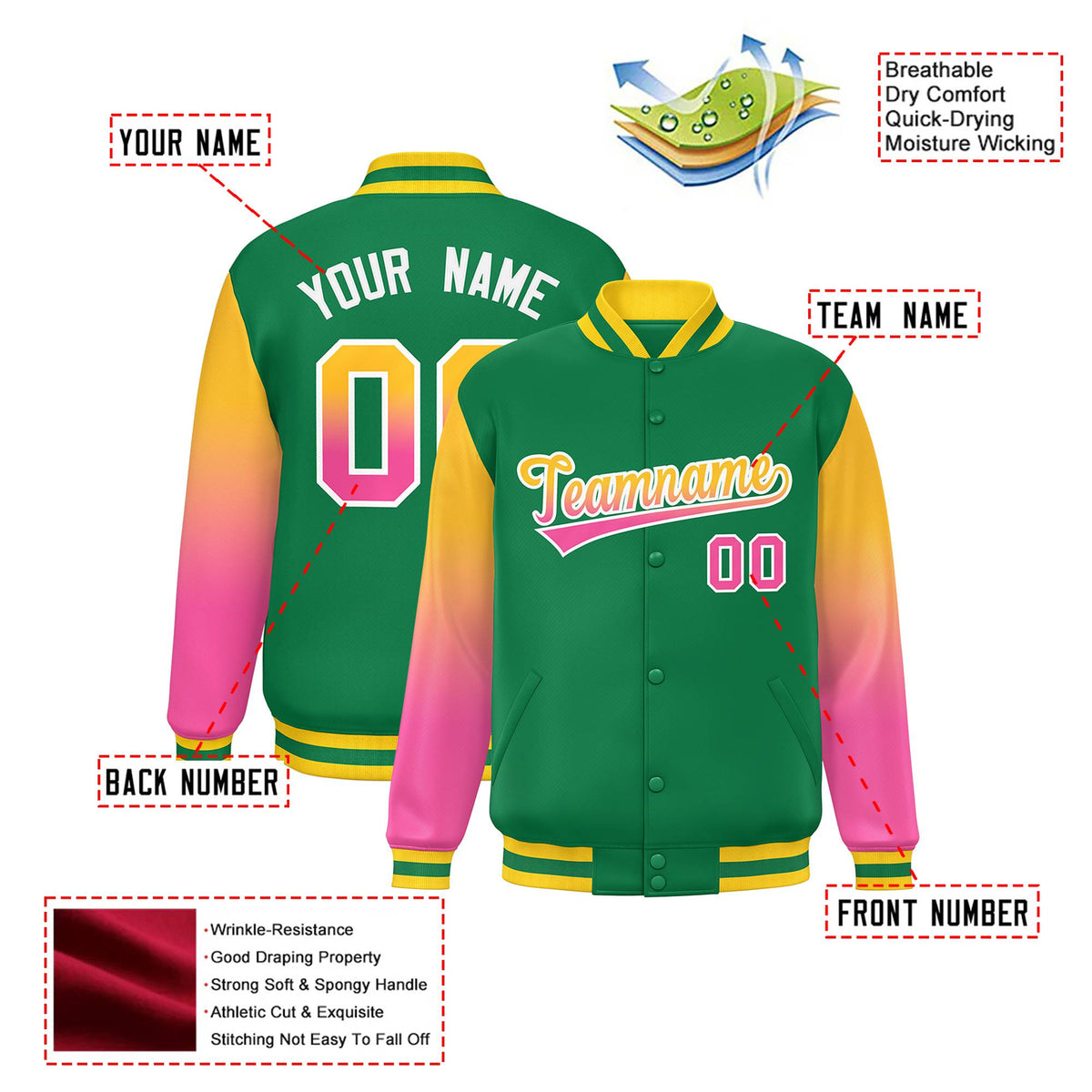 Custom Kelly Green Yellow-Pink Varsity Full-Snap Sleeve Gradient Fashion Letterman Baseball Jacket