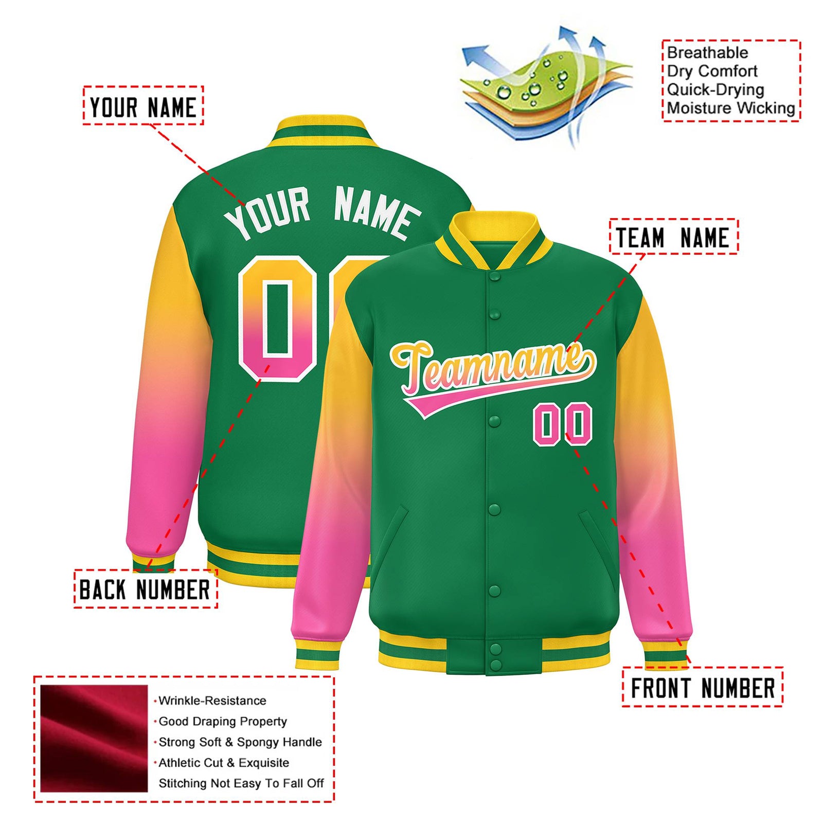 Custom Kelly Green Yellow-Pink Varsity Full-Snap Sleeve Gradient Fashion Letterman Baseball Jacket