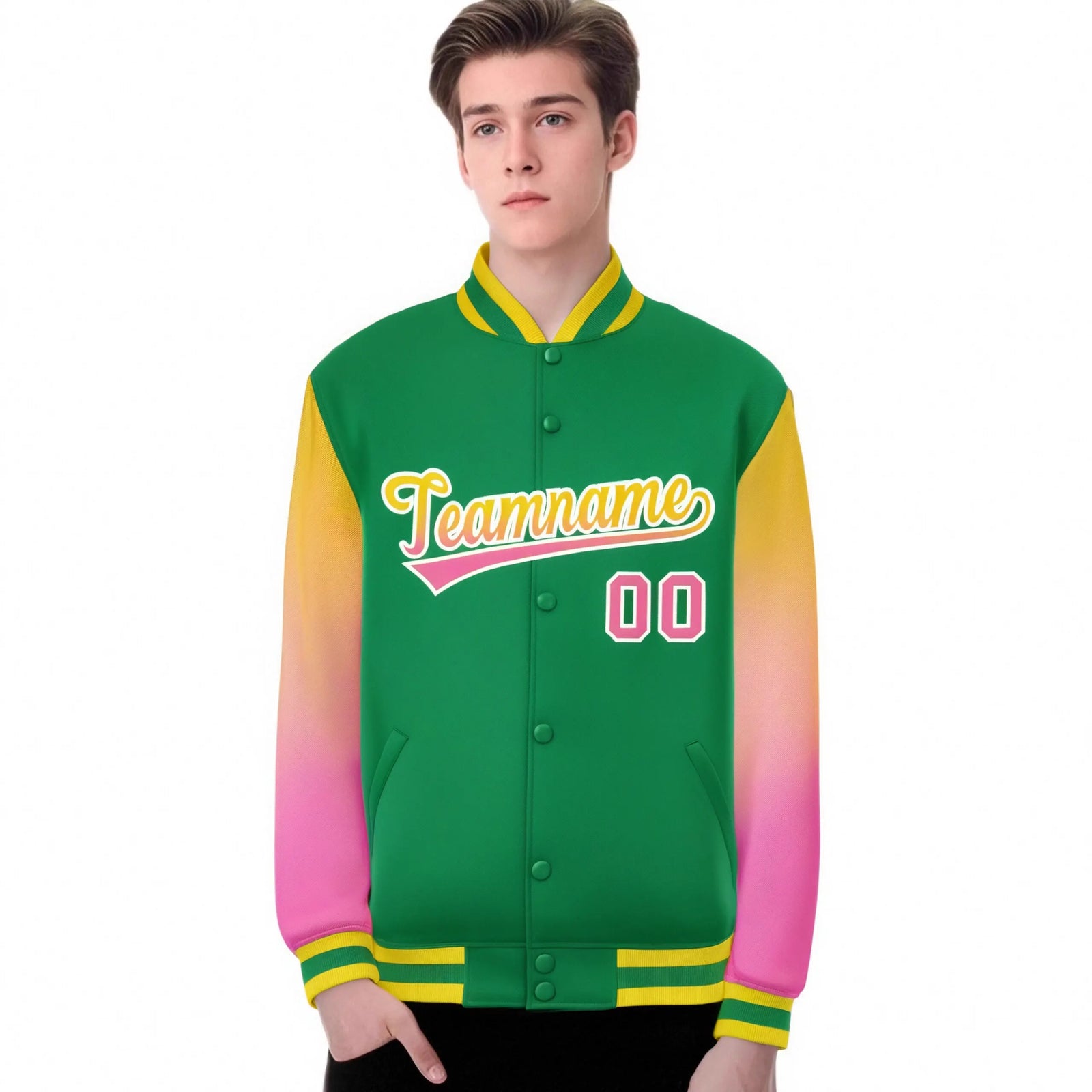 Custom Kelly Green Yellow-Pink Varsity Full-Snap Sleeve Gradient Fashion Letterman Baseball Jacket