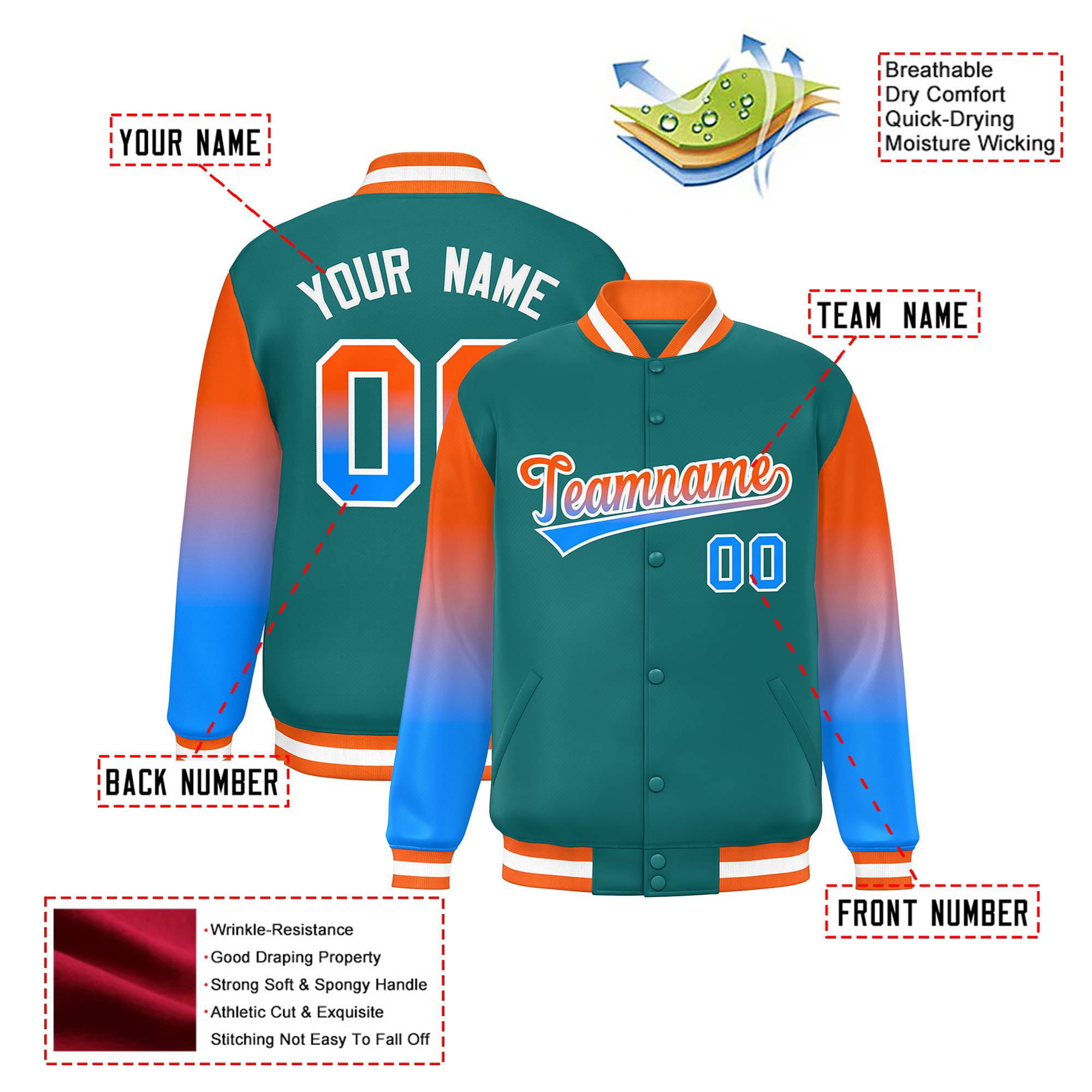 Custom Aqua Orange-Powder Blue Varsity Full-Snap Sleeve Gradient Fashion Letterman Baseball Jacket