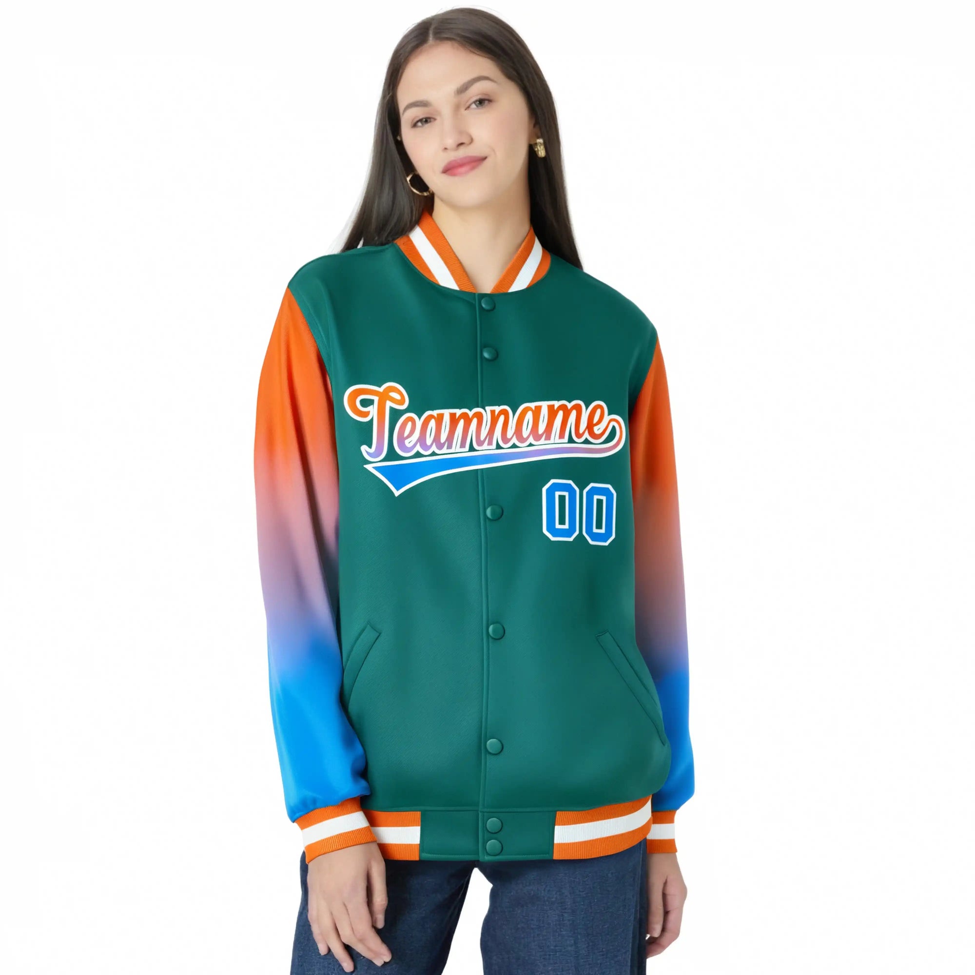 Custom Aqua Orange-Powder Blue Varsity Full-Snap Sleeve Gradient Fashion Letterman Baseball Jacket