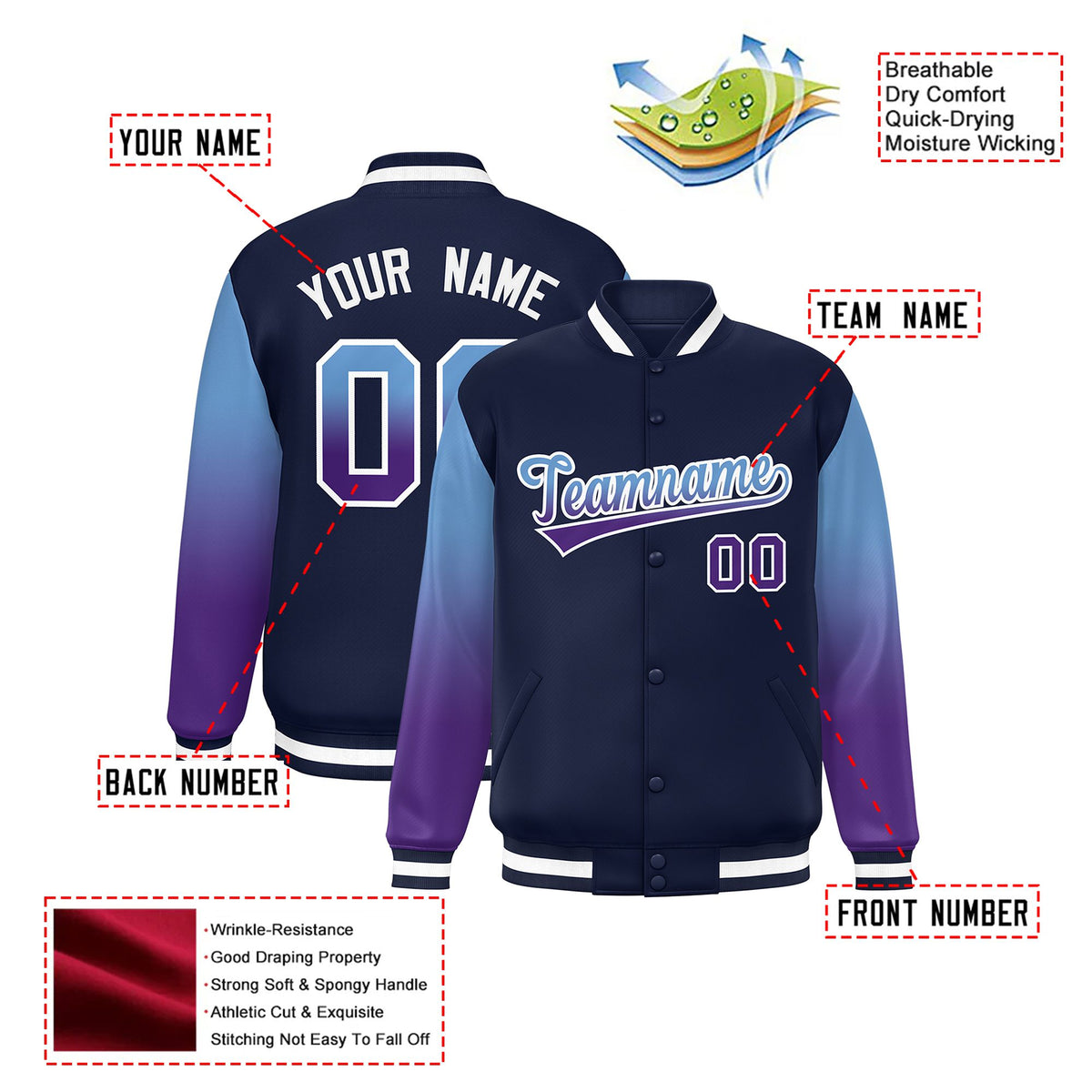 Custom Navy Light Blue-Purple Varsity Full-Snap Sleeve Gradient Fashion Letterman Baseball Jacket