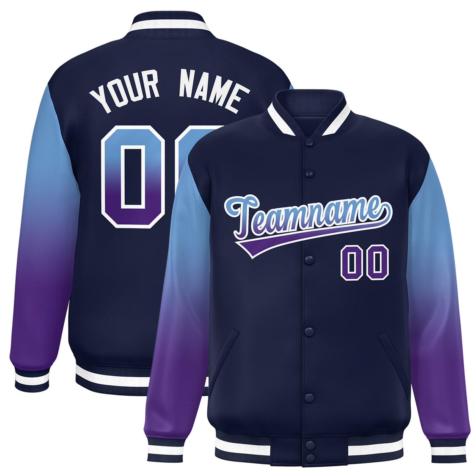 Custom Navy Light Blue-Purple Varsity Full-Snap Sleeve Gradient Fashion Letterman Baseball Jacket