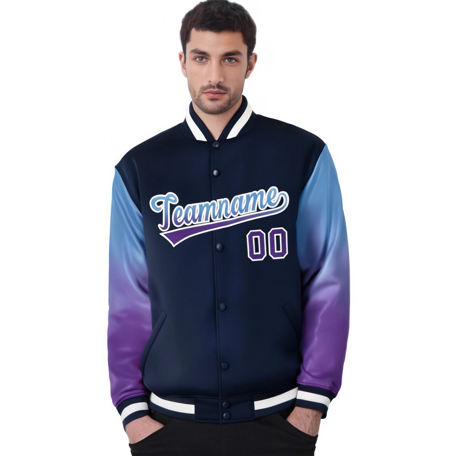 Custom Navy Light Blue-Purple Varsity Full-Snap Sleeve Gradient Fashion Letterman Baseball Jacket