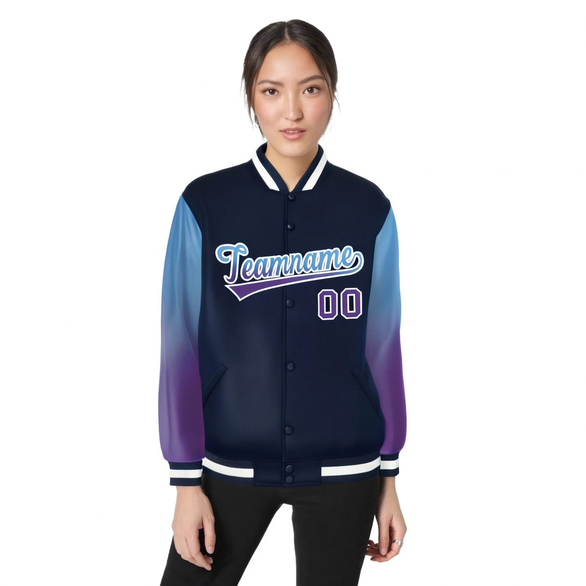 Custom Navy Light Blue-Purple Varsity Full-Snap Sleeve Gradient Fashion Letterman Baseball Jacket