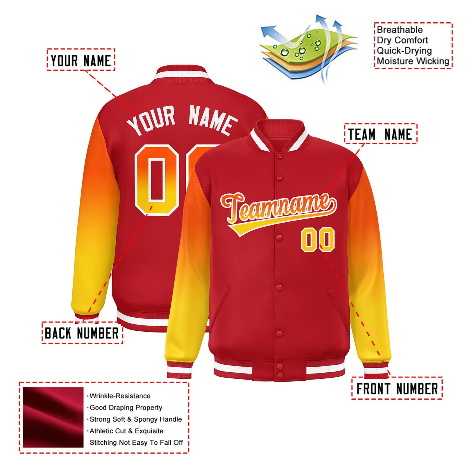 Custom Red Orange-Gold Varsity Full-Snap Sleeve Gradient Fashion Letterman Baseball Jacket