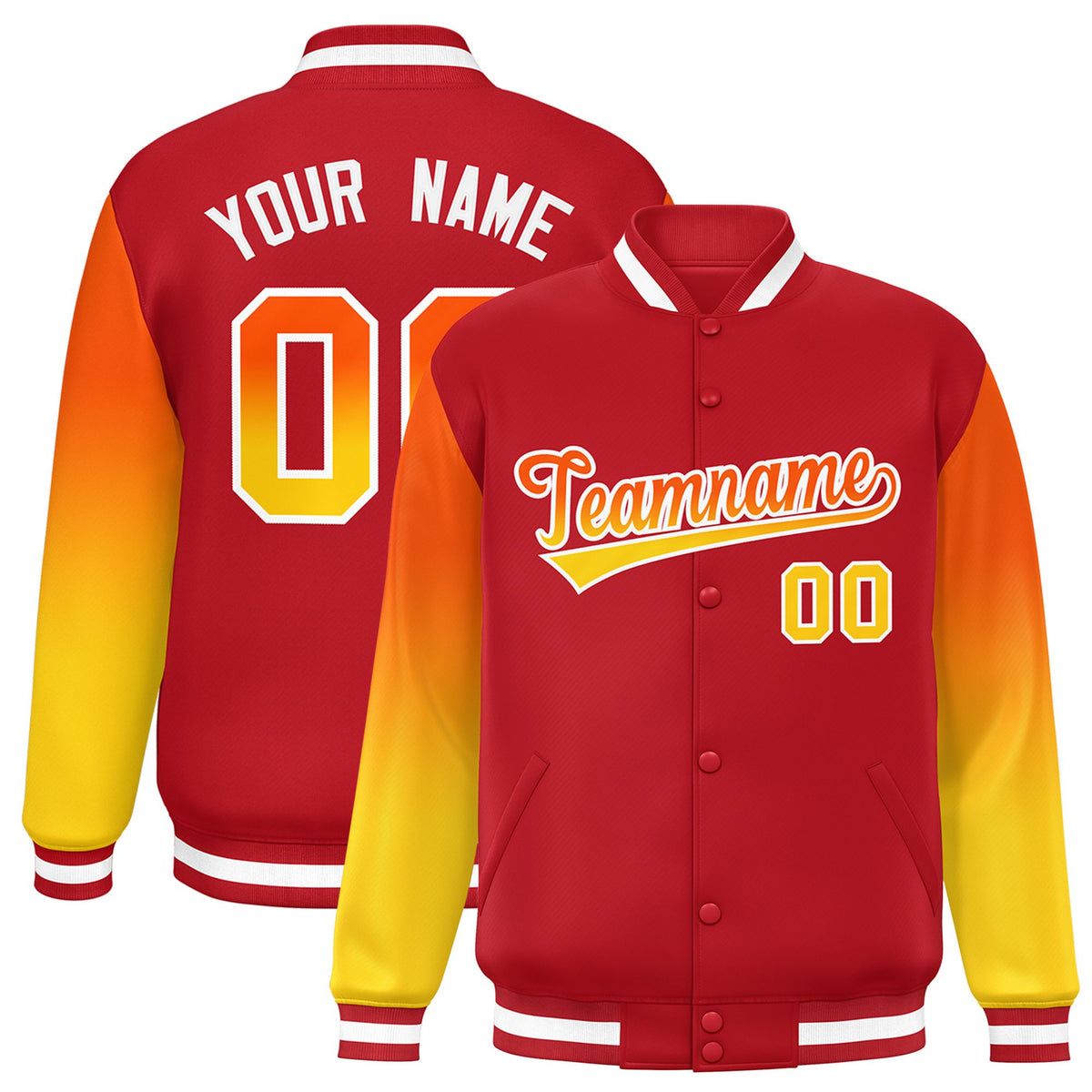 Custom Red Orange-Gold Varsity Full-Snap Sleeve Gradient Fashion Letterman Baseball Jacket