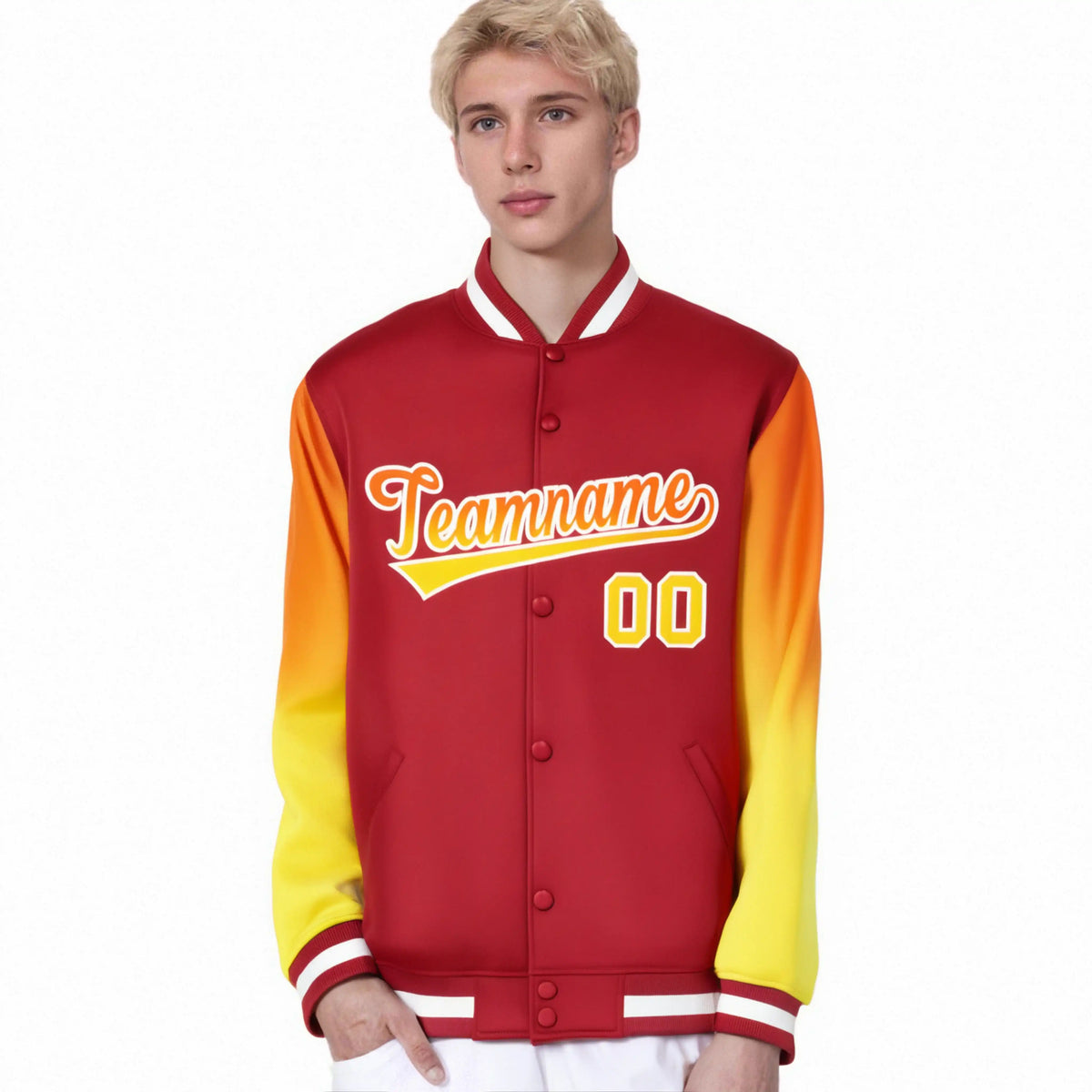 Custom Red Orange-Gold Varsity Full-Snap Sleeve Gradient Fashion Letterman Baseball Jacket