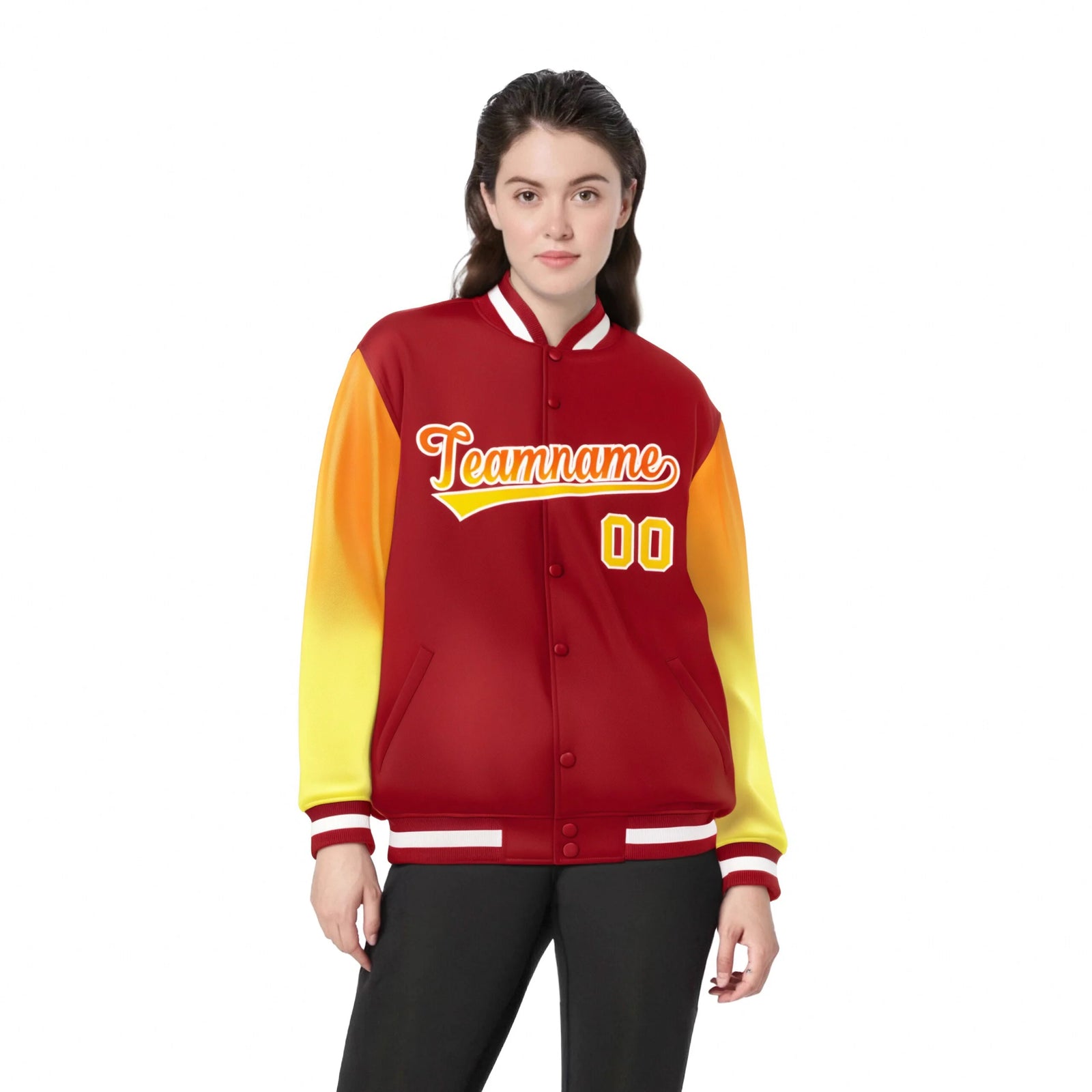 Custom Red Orange-Gold Varsity Full-Snap Sleeve Gradient Fashion Letterman Baseball Jacket