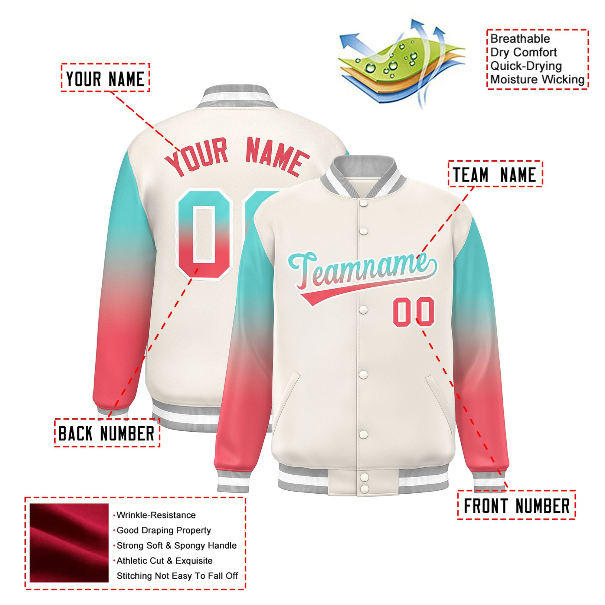 Custom Cream Aqua-Light Red Varsity Full-Snap Sleeve Gradient Fashion Letterman Baseball Jacket