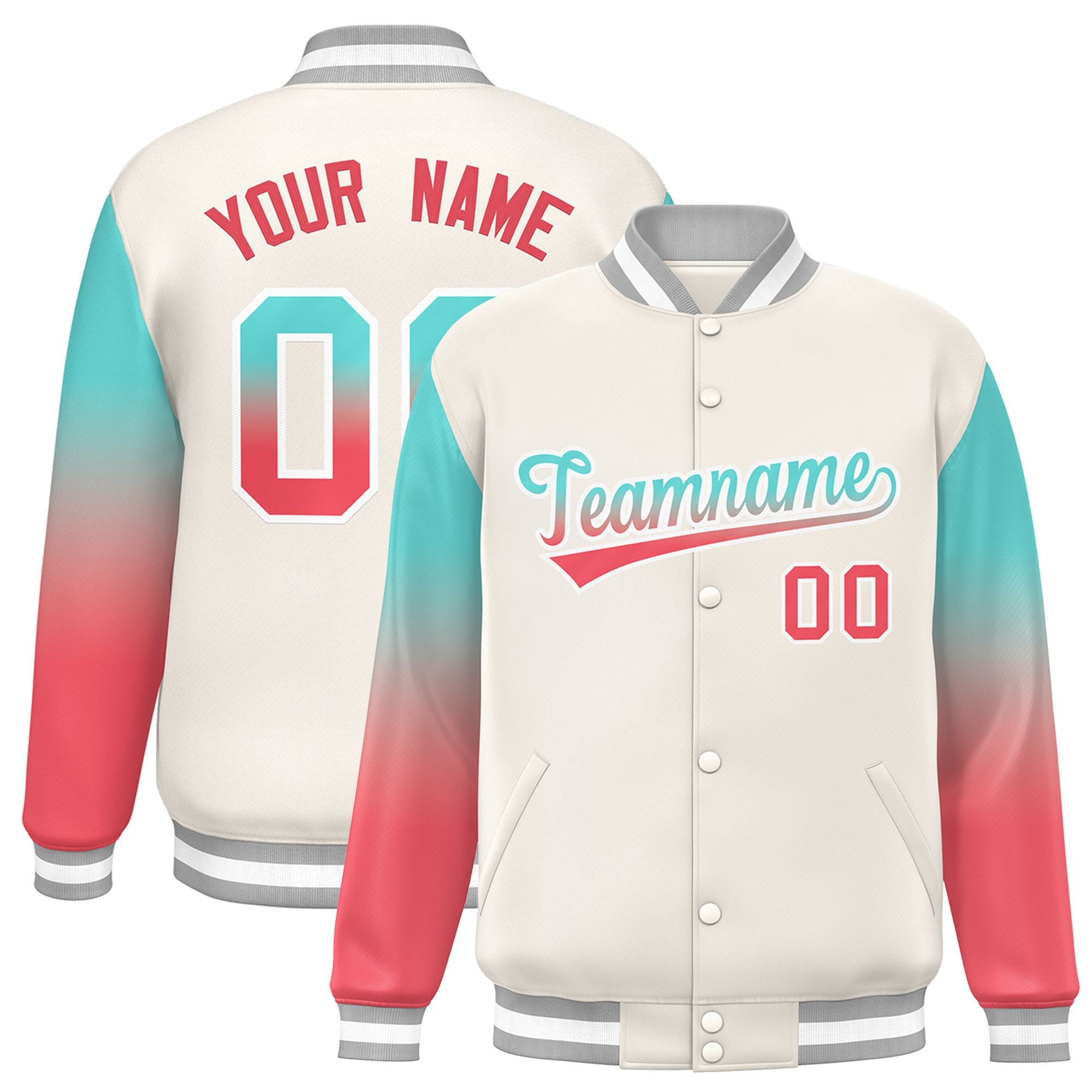 Custom Cream Aqua-Light Red Varsity Full-Snap Sleeve Gradient Fashion Letterman Baseball Jacket