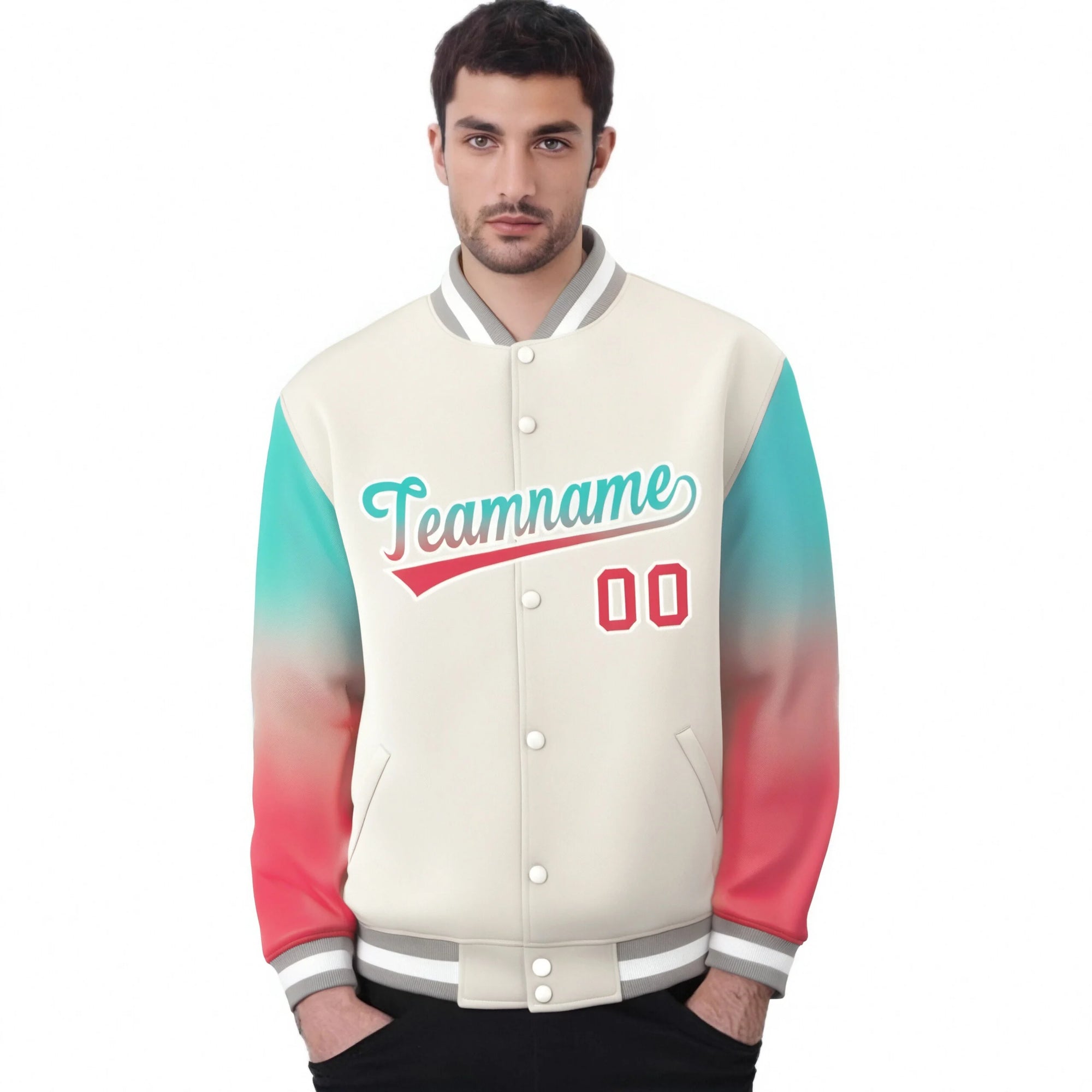 Custom Cream Aqua-Light Red Varsity Full-Snap Sleeve Gradient Fashion Letterman Baseball Jacket