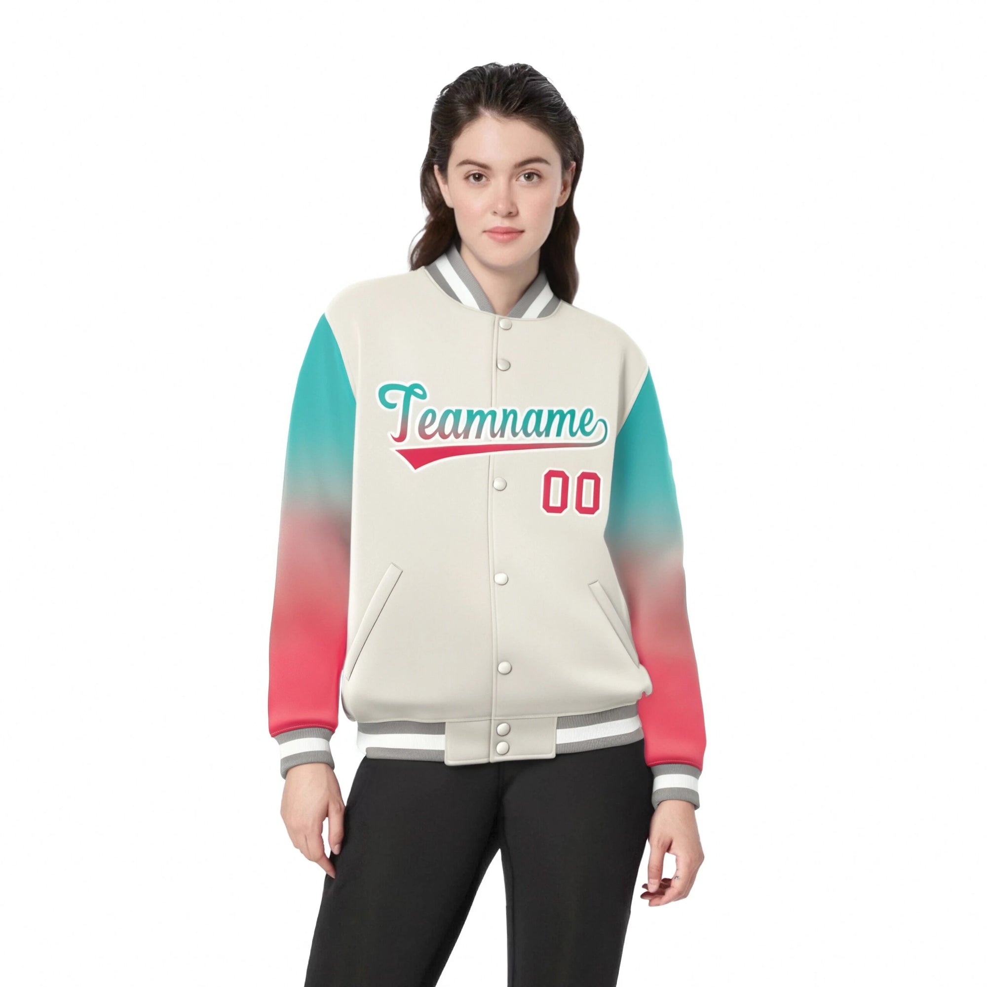 Custom Cream Aqua-Light Red Varsity Full-Snap Sleeve Gradient Fashion Letterman Baseball Jacket