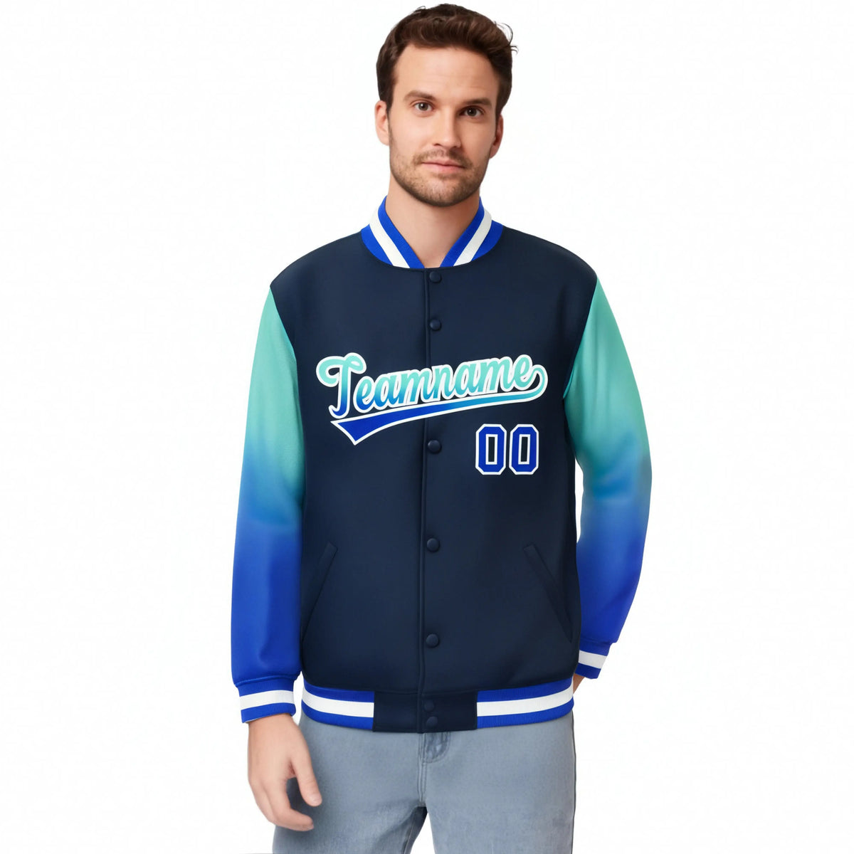Custom Navy Aqua-Royal Blue Varsity Full-Snap Sleeve Gradient Fashion Letterman Baseball Jacket